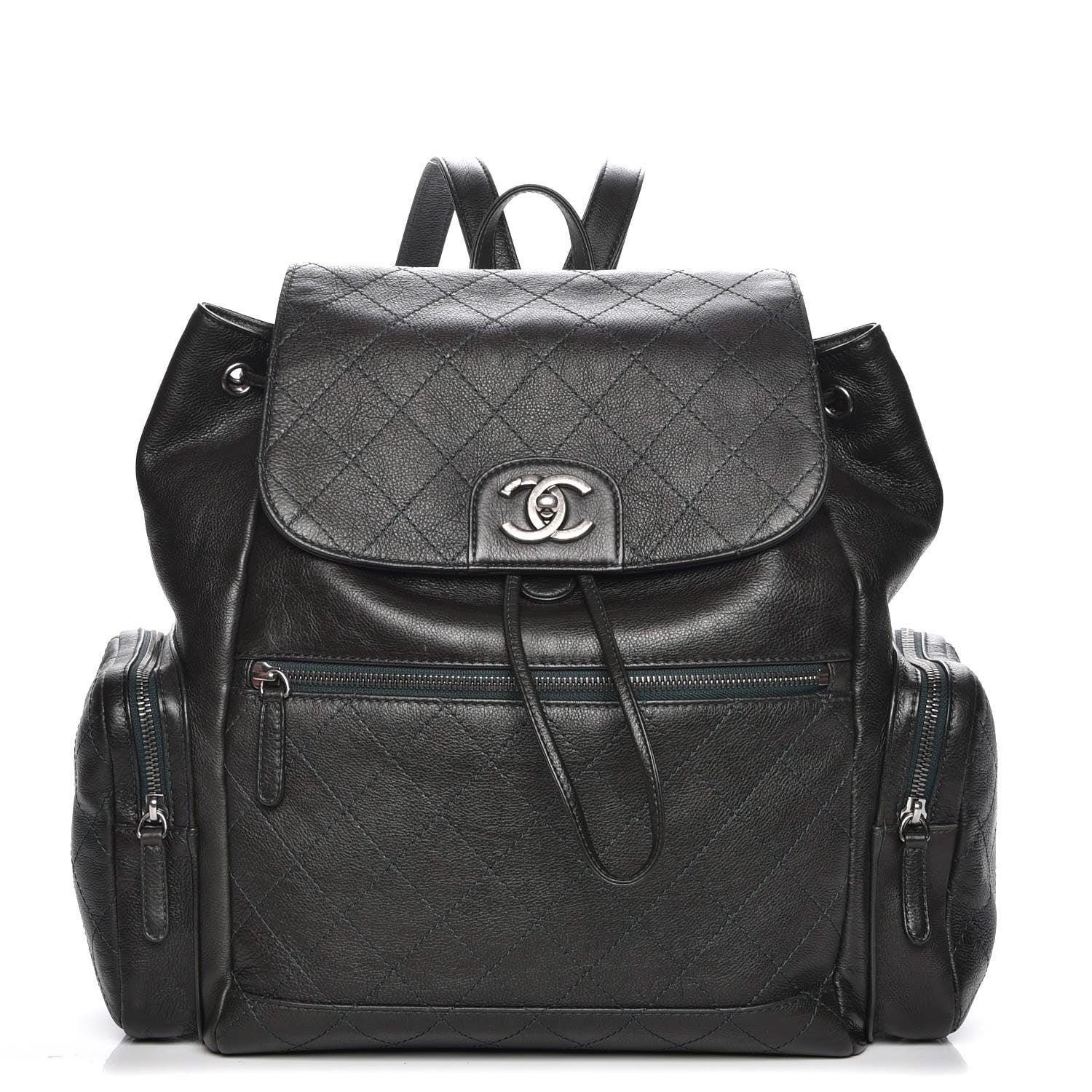 Chanel Grained Calfskin Stitched Pocket Backpack Dark Green 1 of 7