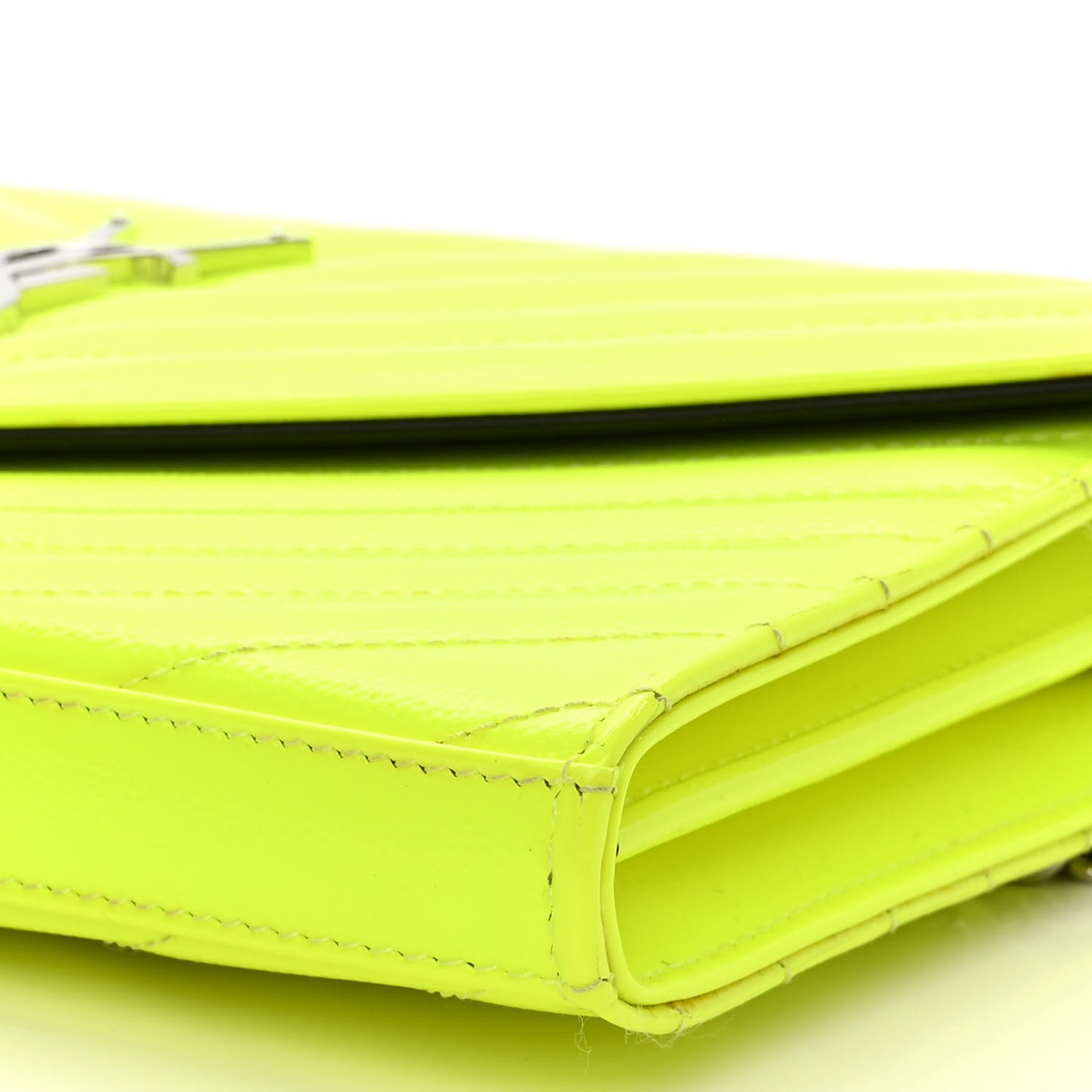 Patent Grain De Poudre Matelasse Chevron Monogram Chain Wallet Neon Yellow