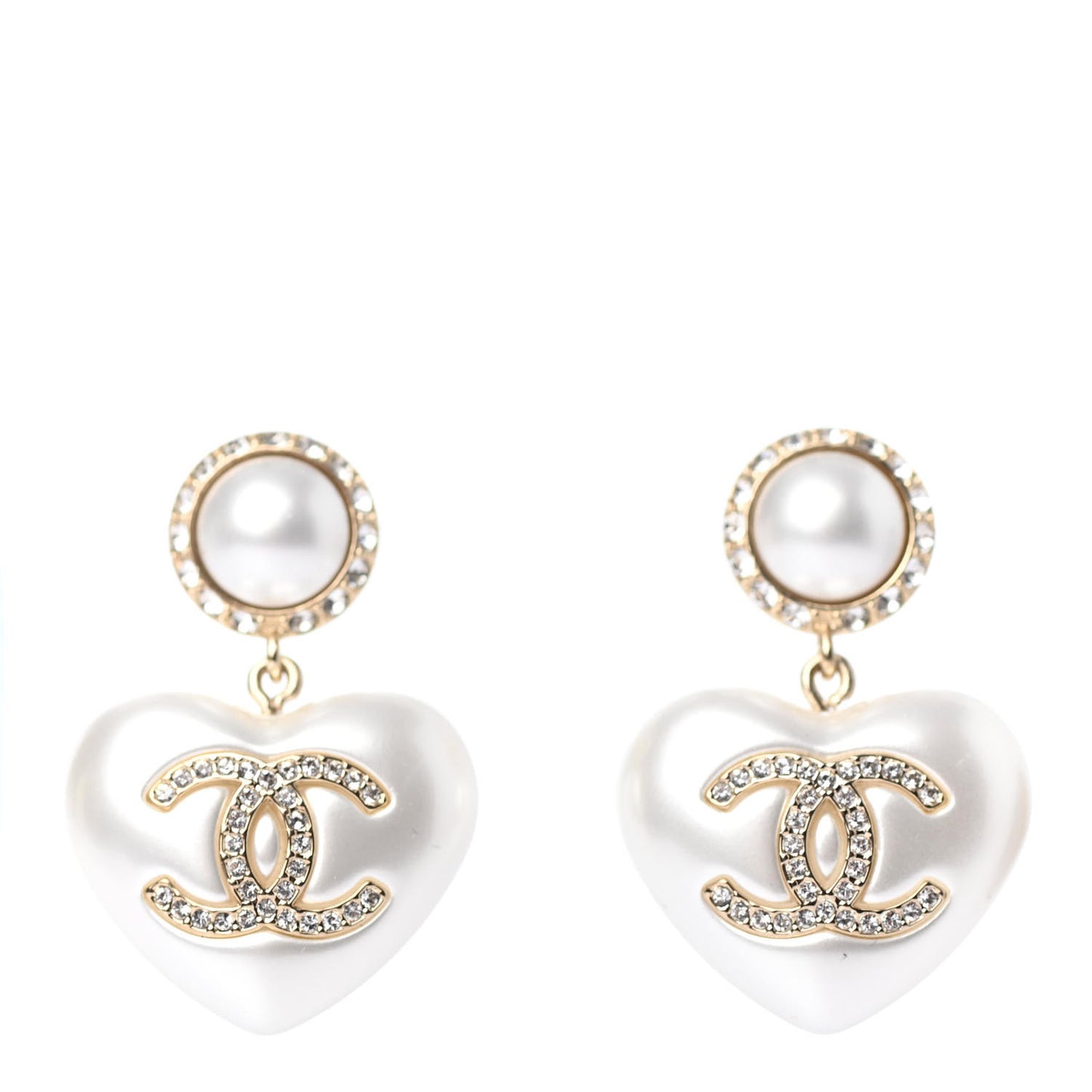 Pearl Crystal CC Heart Drop Earrings Gold
