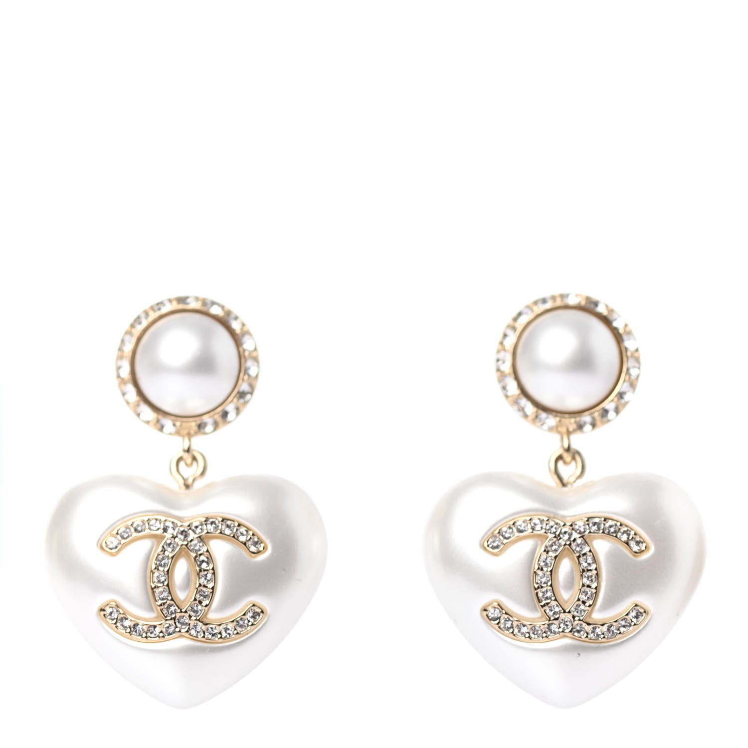 Chanel Pearl Crystal CC Heart Drop Earrings Gold 1 of 4