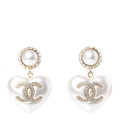 Chanel Pearl Crystal CC Heart Drop Earrings Gold 1 of 4