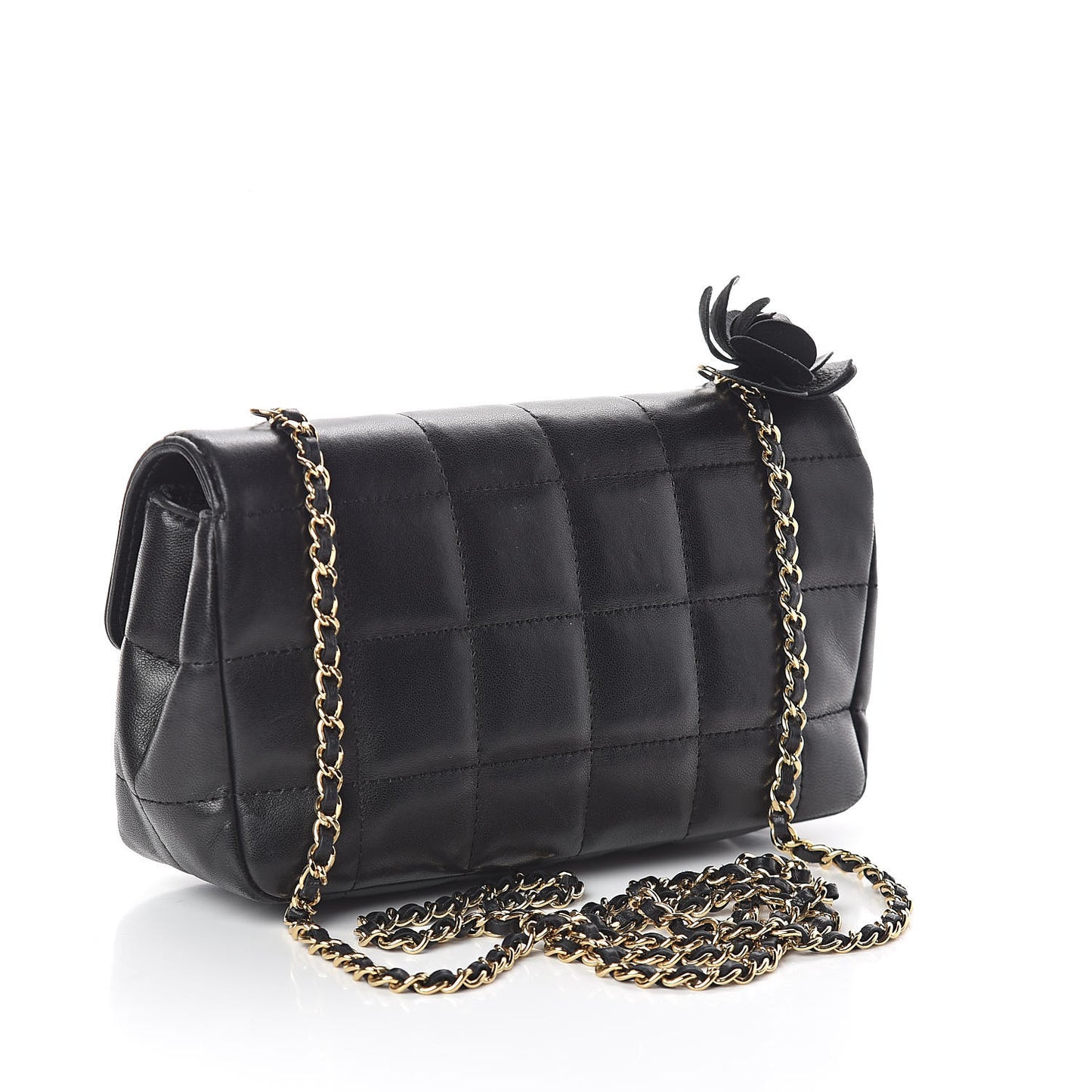Lambskin Quilted Mini Chocolate Bar Camellia Flap Black