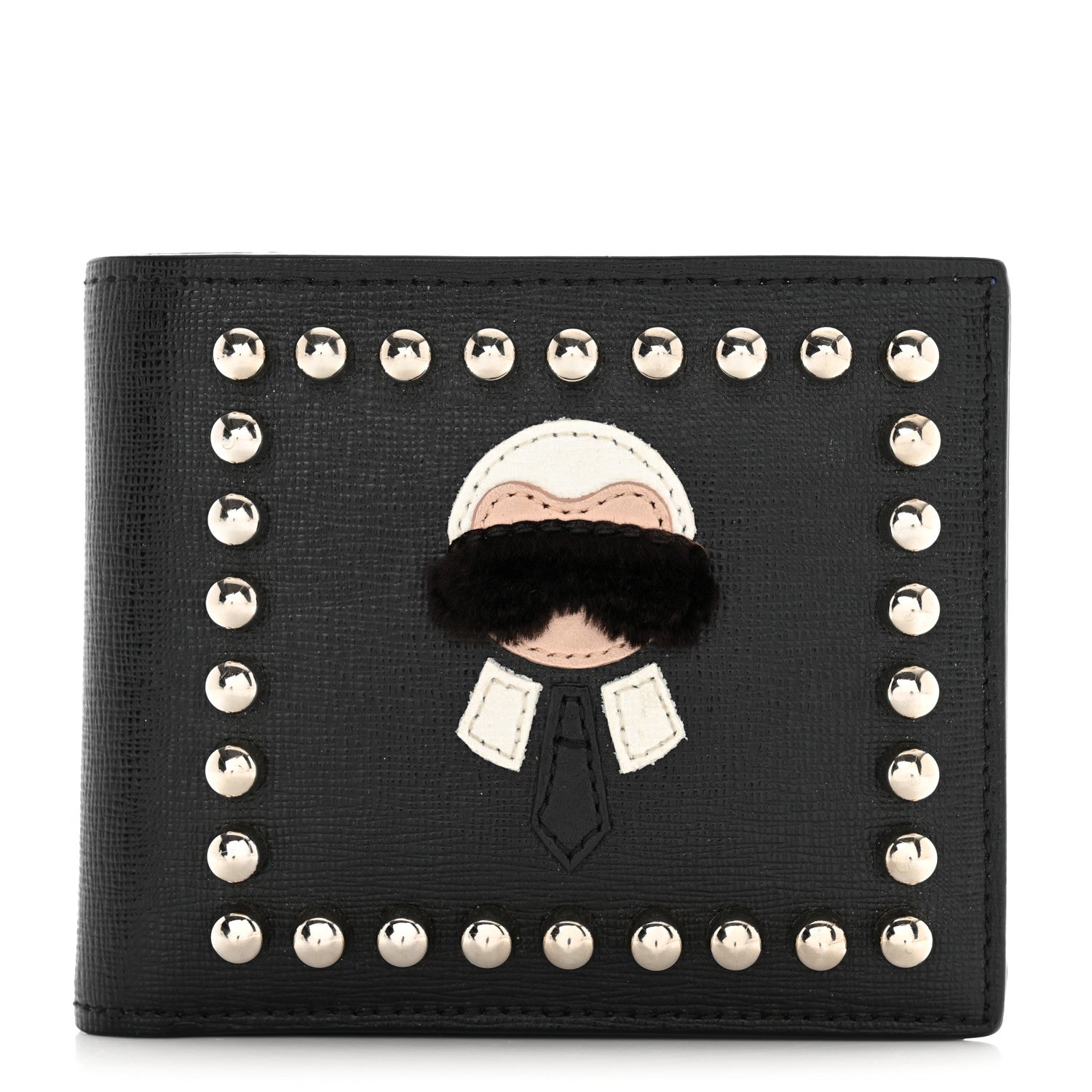 Fendi Vitello Elite Flamingo Mink Karlito Studded Bi-Fold Wallet Black White Plaster 1 of 12