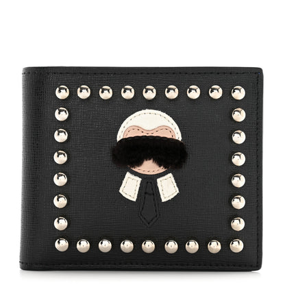 Fendi Vitello Elite Flamingo Mink Karlito Studded Bi-Fold Wallet Black White Plaster 1 of 12