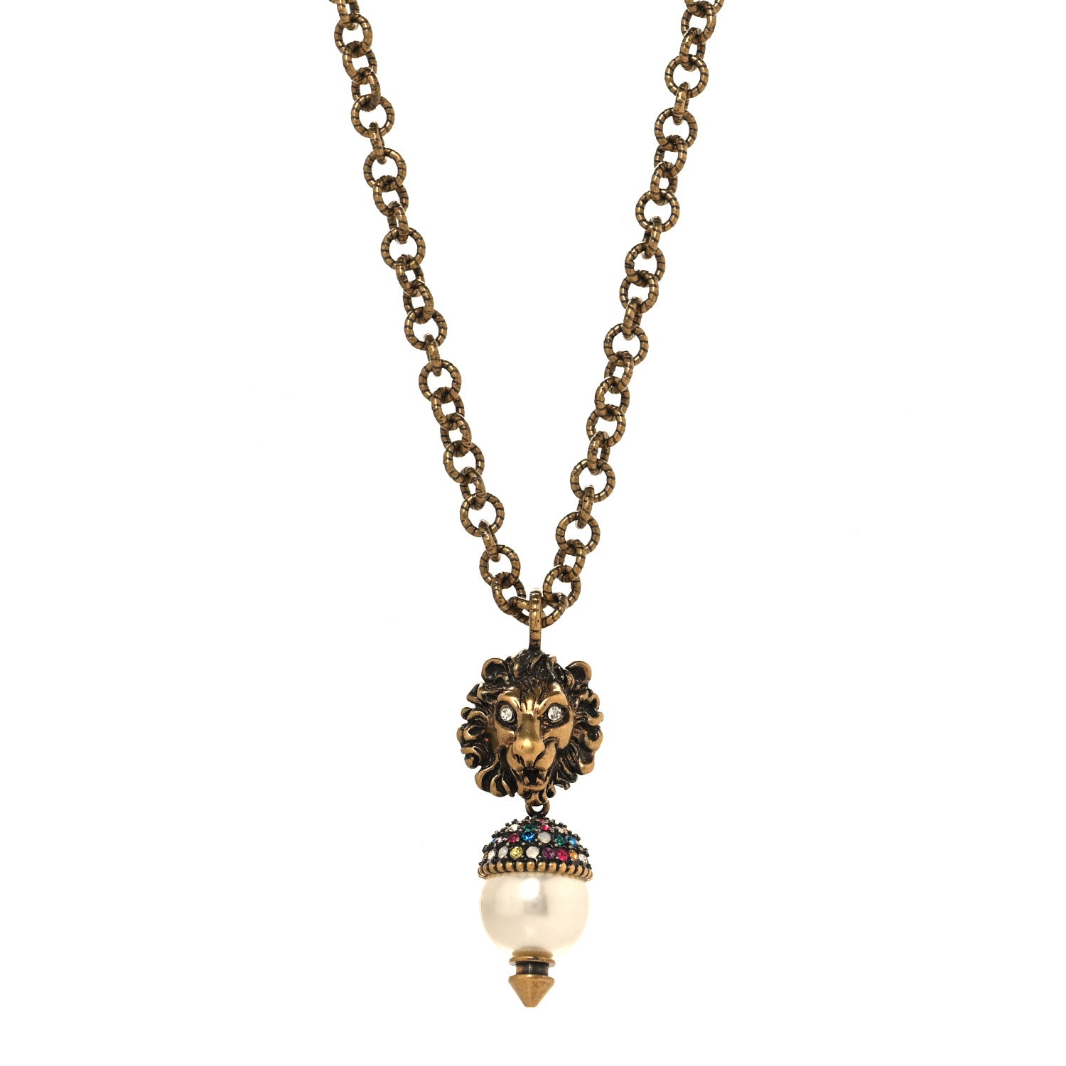 Gucci Metal Crystal Pearl Lion Head Necklace Aged Gold 1 of 4