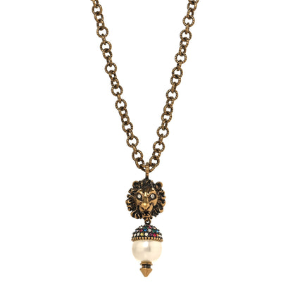 Gucci Metal Crystal Pearl Lion Head Necklace Aged Gold 1 of 4