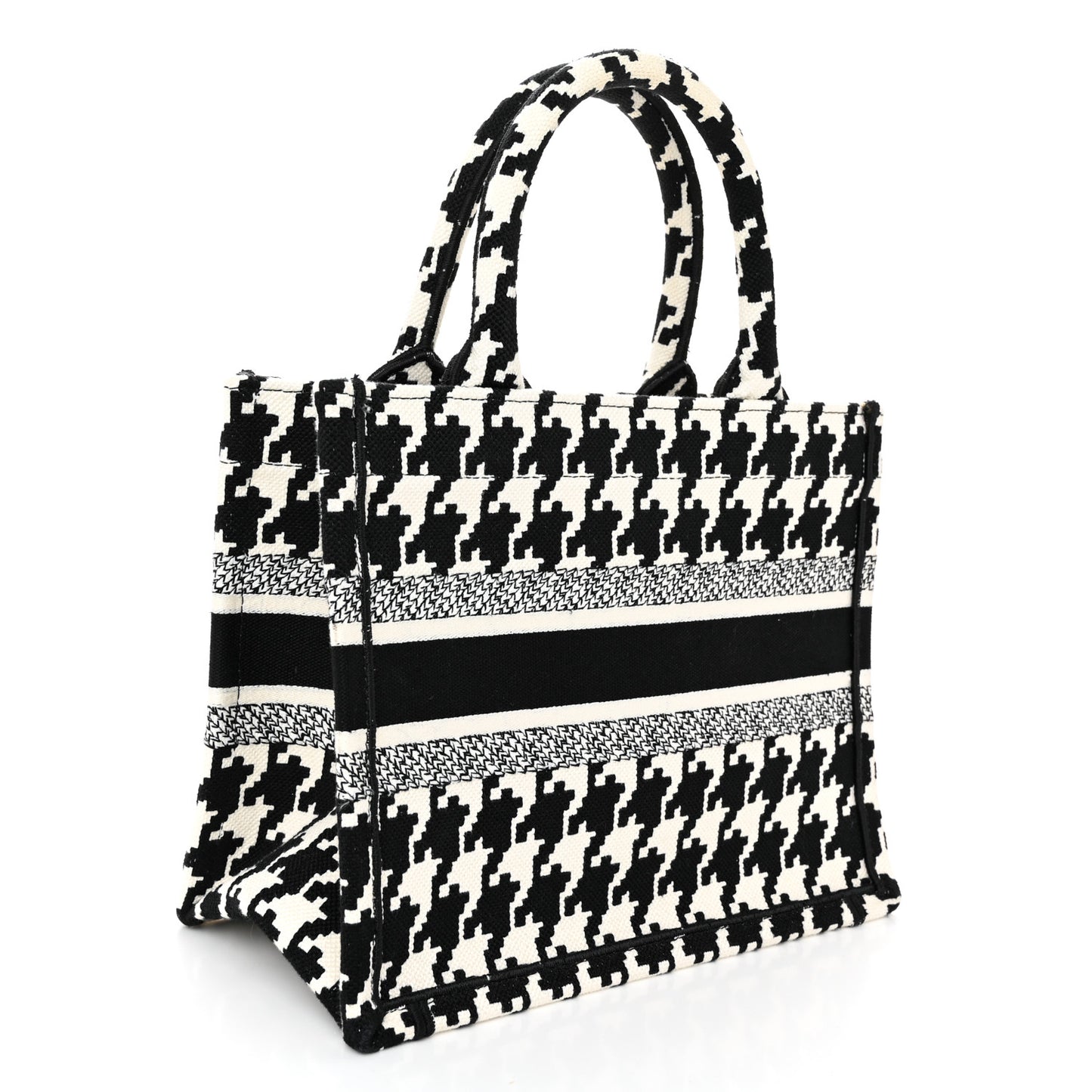Canvas Houndstooth Embroidered Small Book Tote Black White