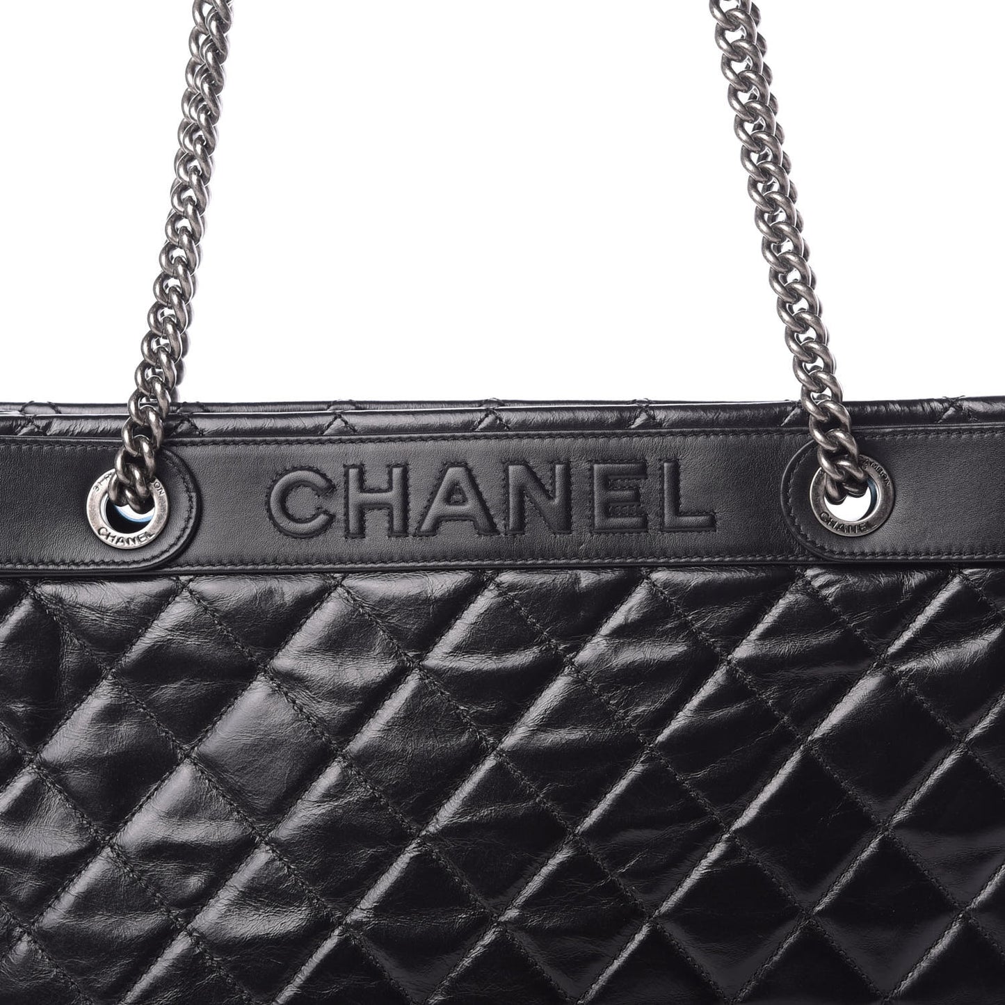 Glazed Calfskin Quilted Shopping Tote Black