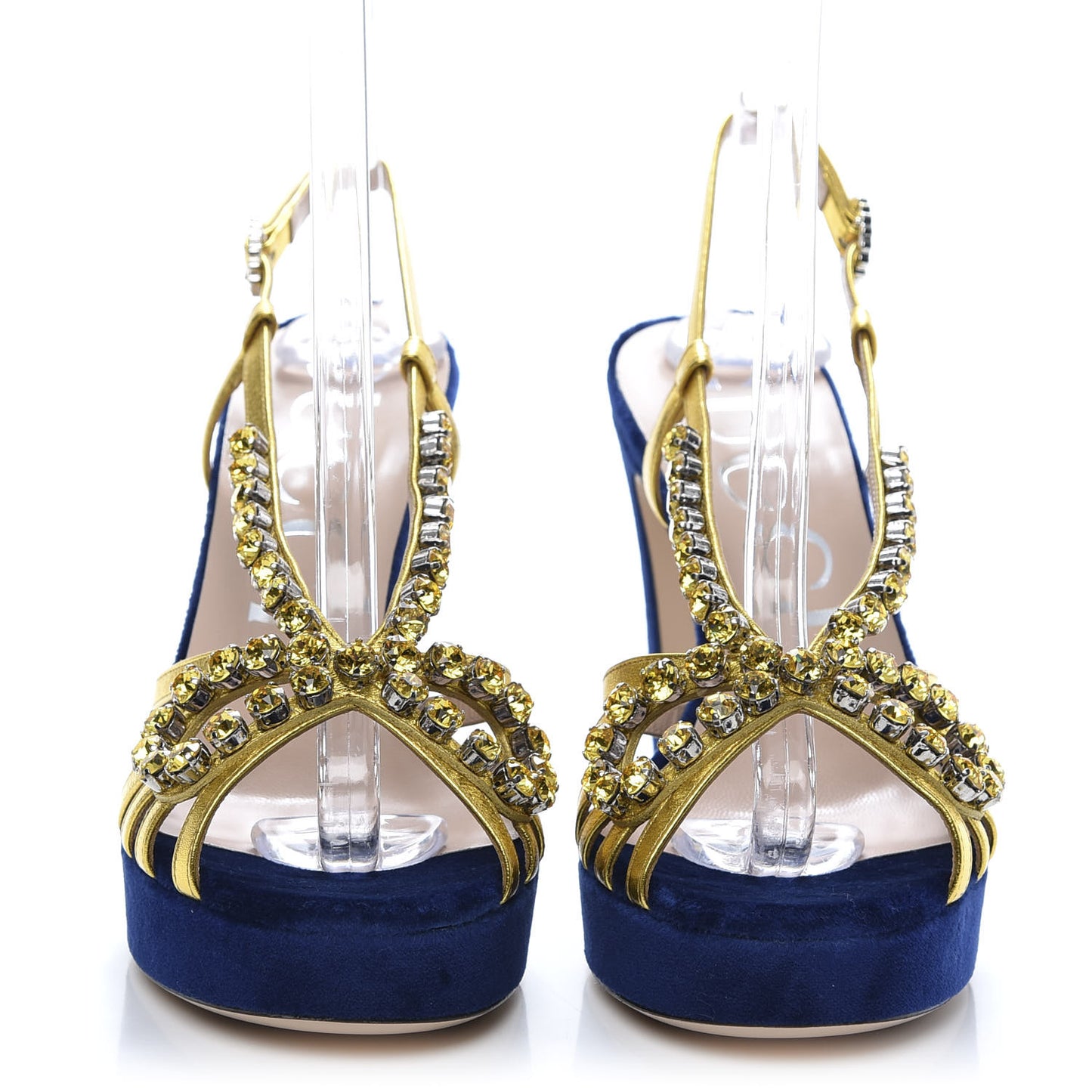 Velvet Nappa Crystal Zephyra Slingback Platform High Heel Sandals 38 Blue Gold