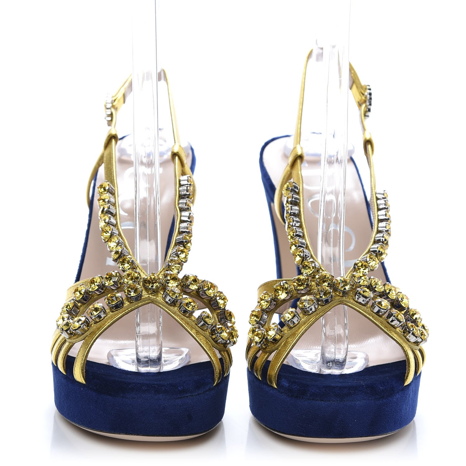 Gucci Velvet Nappa Crystal Zephyra Slingback Platform High Heel Sandals 38 Blue Gold 2 of 8