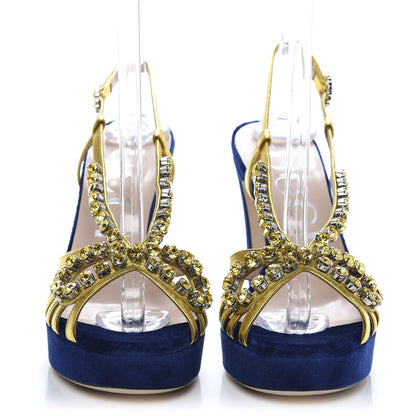 Gucci Velvet Nappa Crystal Zephyra Slingback Platform High Heel Sandals 38 Blue Gold 2 of 8