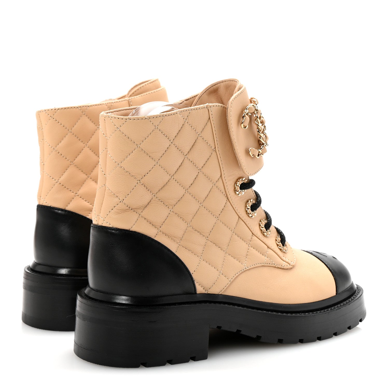 Chanel Lambskin Calfskin Quilted Lace Up Combat Boots 35.5 Beige Black 5 of 10