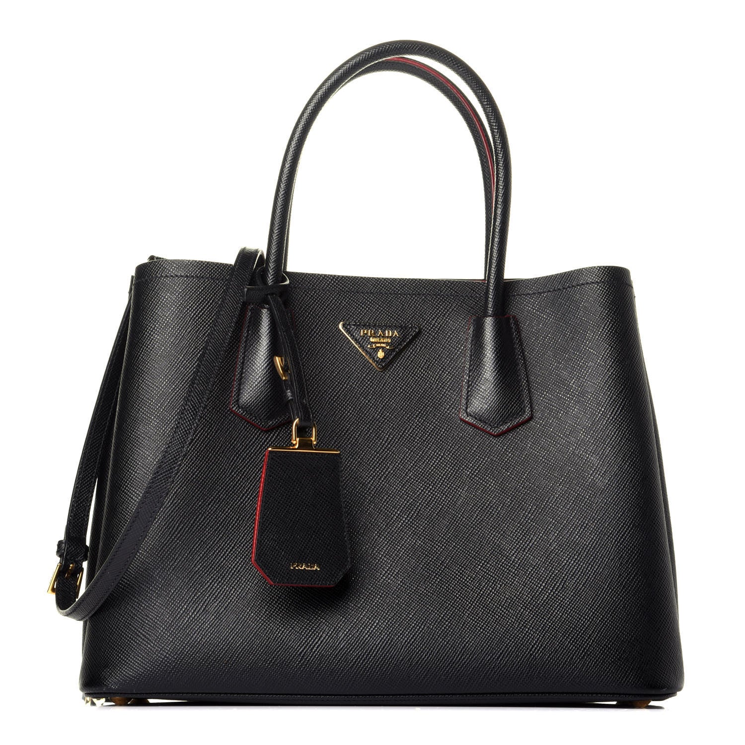 Prada Saffiano Cuir Small Double Bag Black Fuoco 1 of 9
