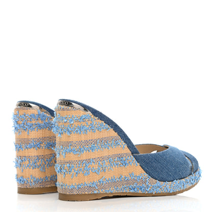 Jimmy Choo Denim Fringed Raffia Almer 105 Wedge Sandals 36 Navy 4 of 10
