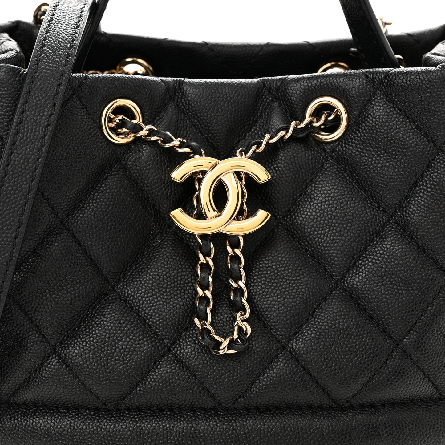 Caviar Quilted Rolled Up Bucket Drawstring Bag Black