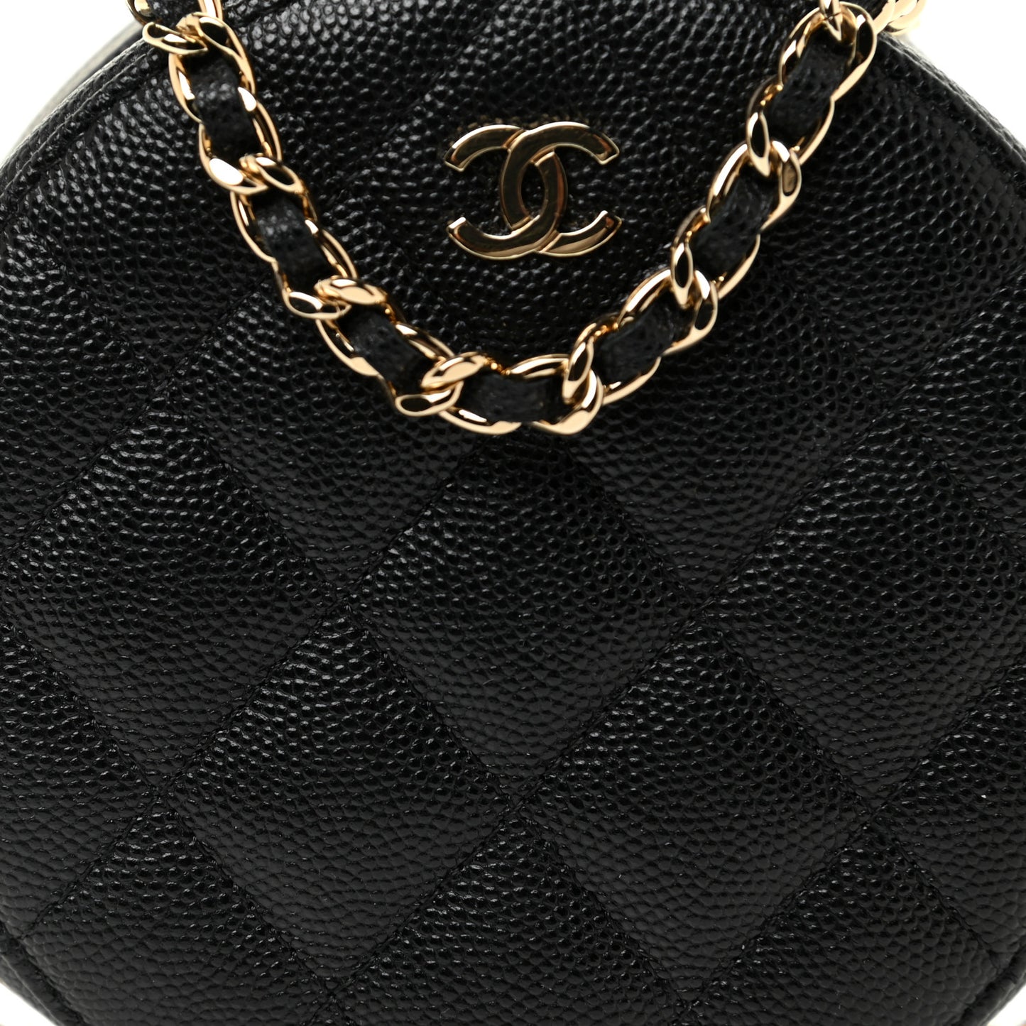Caviar Quilted Round Clutch With Chain Black
