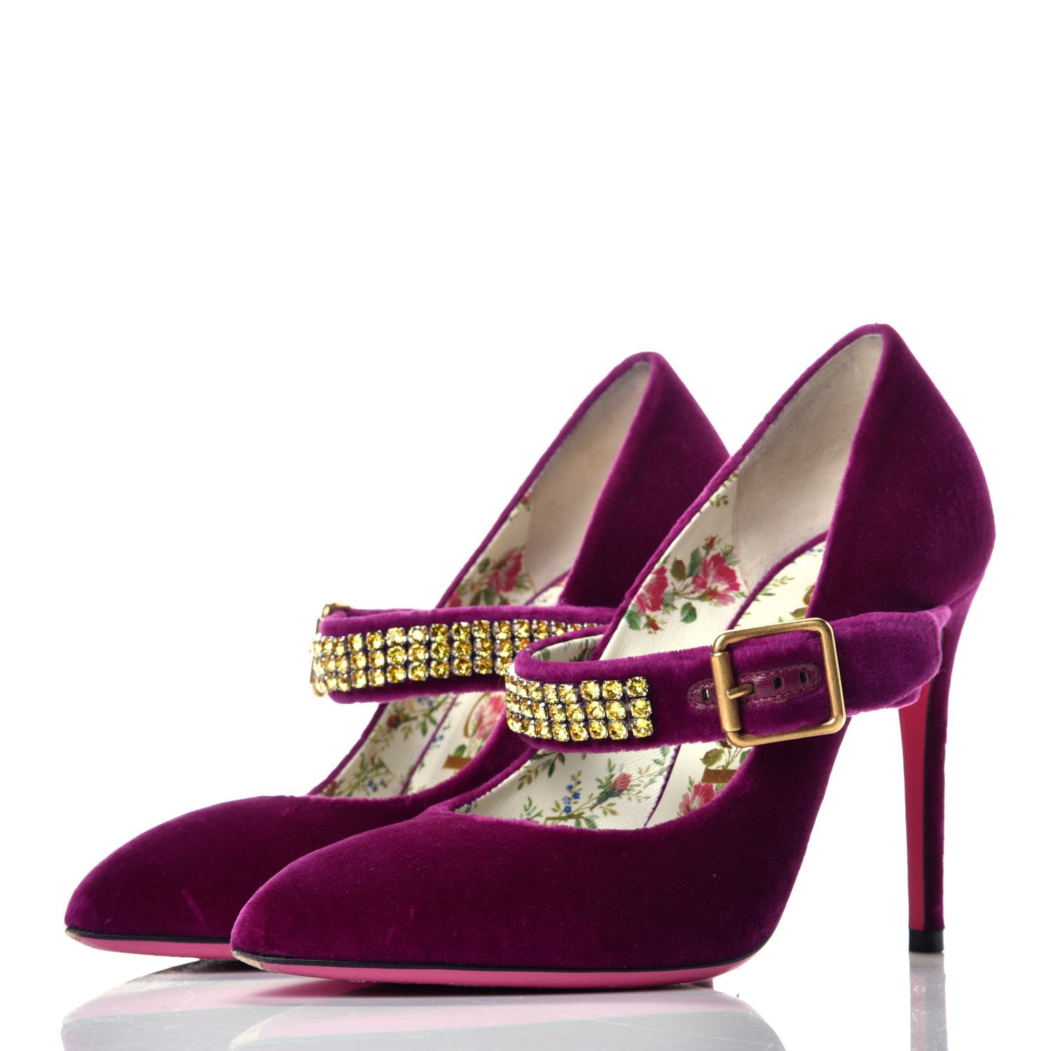 Gucci Velvet Crystal Embellished Sylvie High Heel Pumps 37 Fucsia Violet Cyclamen 3 of 7