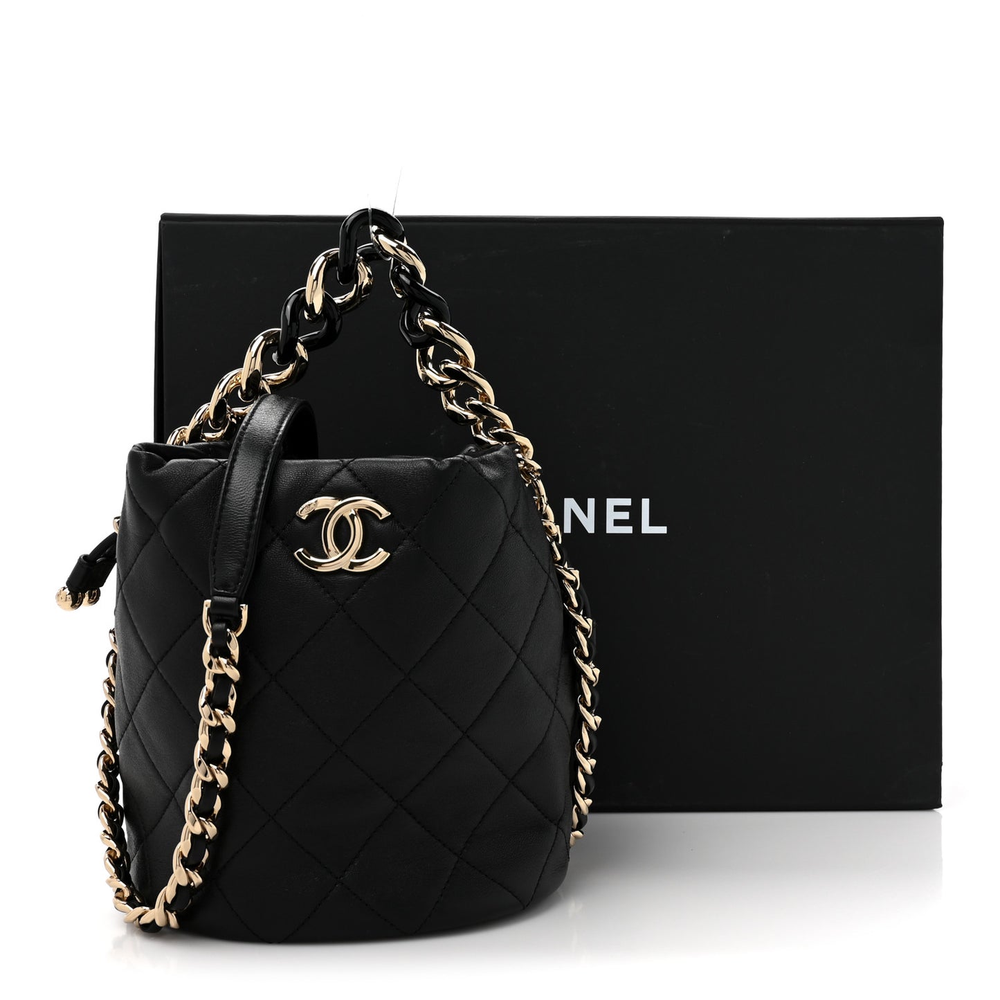 Shiny Lambskin Quilted Chain Is More Drawstring Bag Black