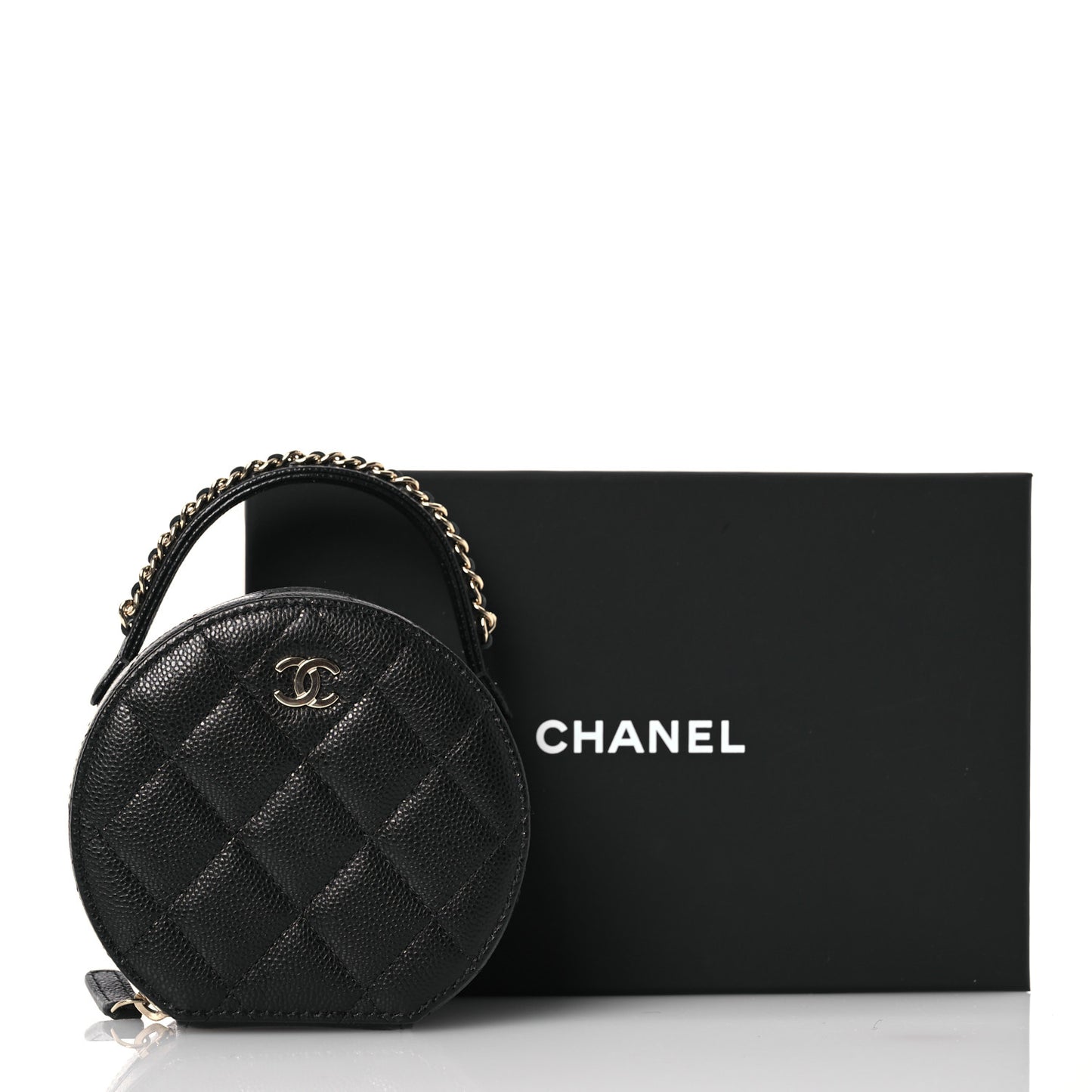 Caviar Quilted Round Top Handle Jewelry Case With Chain Black
