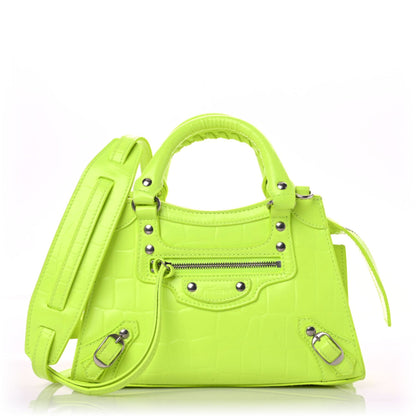 Balenciaga Semi Shiny Calfskin Crocodile Embossed Neo Classic Silver Hardware Mini City Fluo Yellow 1 of 18