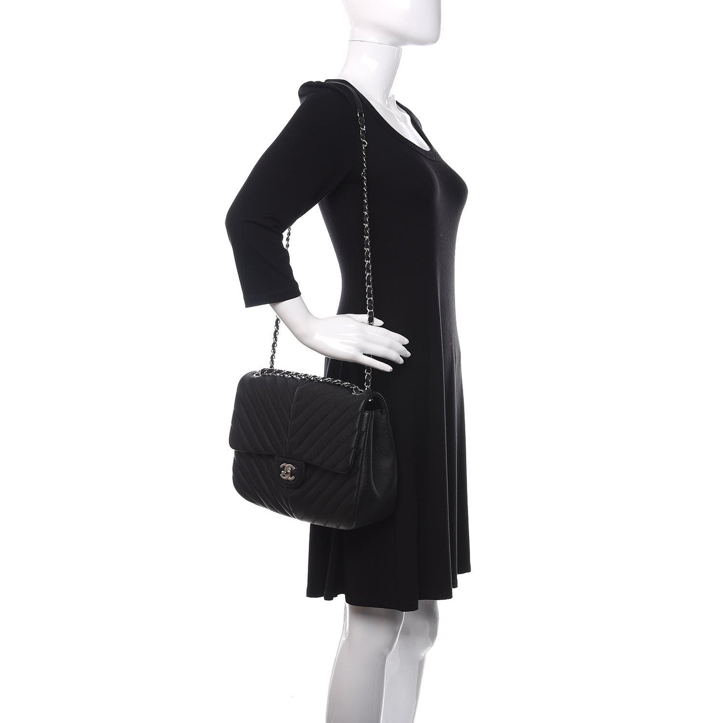 Caviar Chevron Quilted Large Puffy CC Flap Black