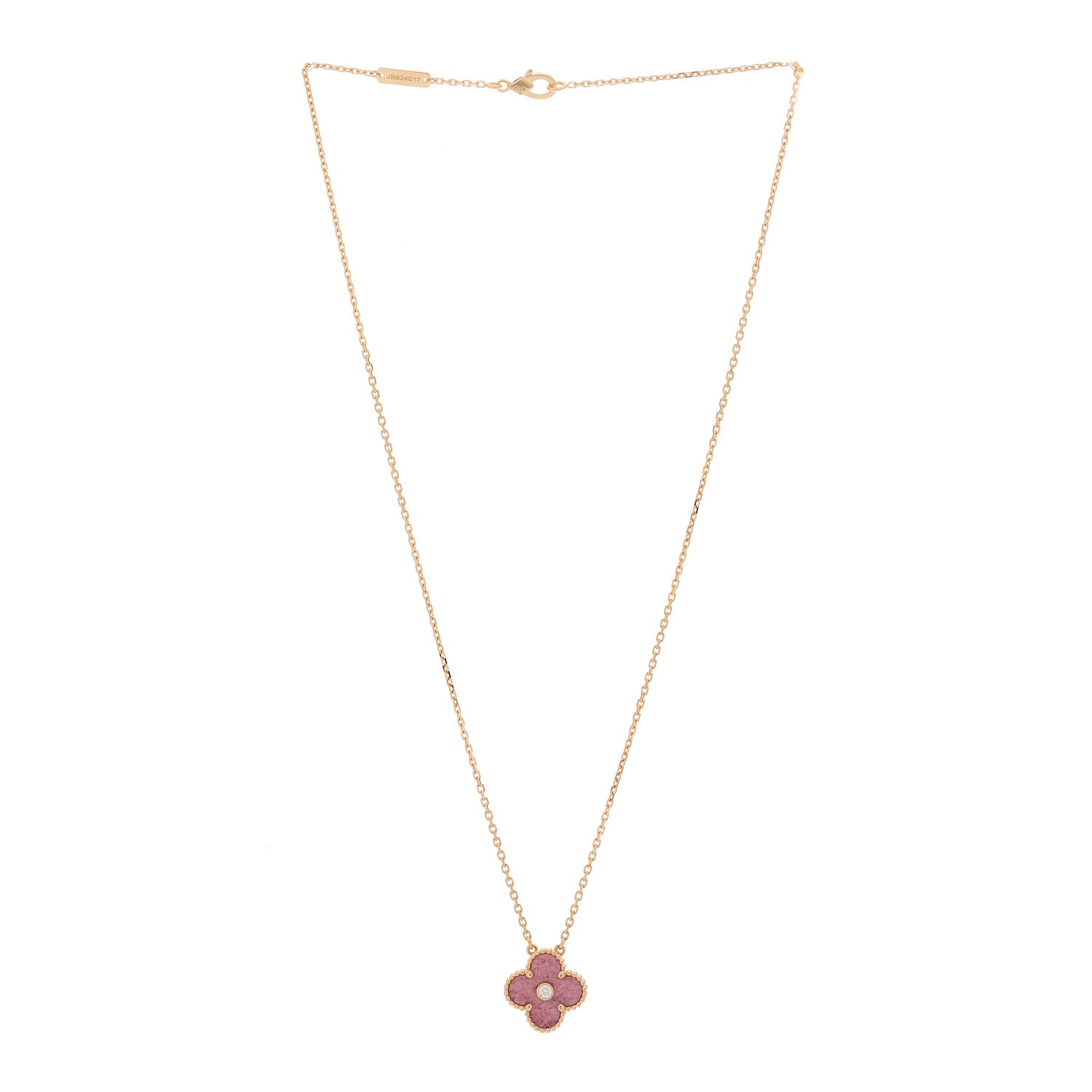 Van Cleef & Arpels 18K Rose Gold Diamond Rhodonite Vintage Alhambra Pendant Necklace 3 of 6