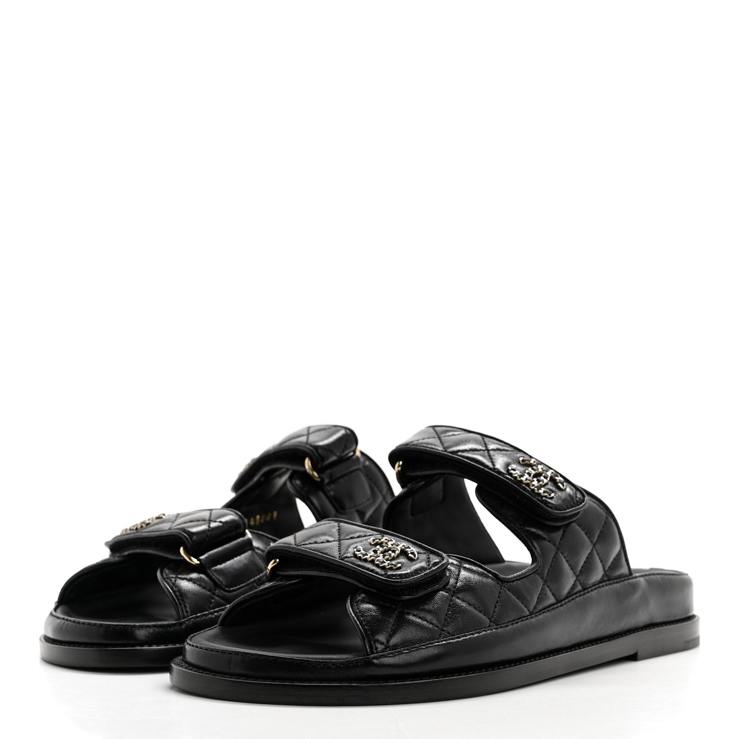 Lambskin Quilted Velcro Dad Chain CC Slide Sandals 38.5 Black