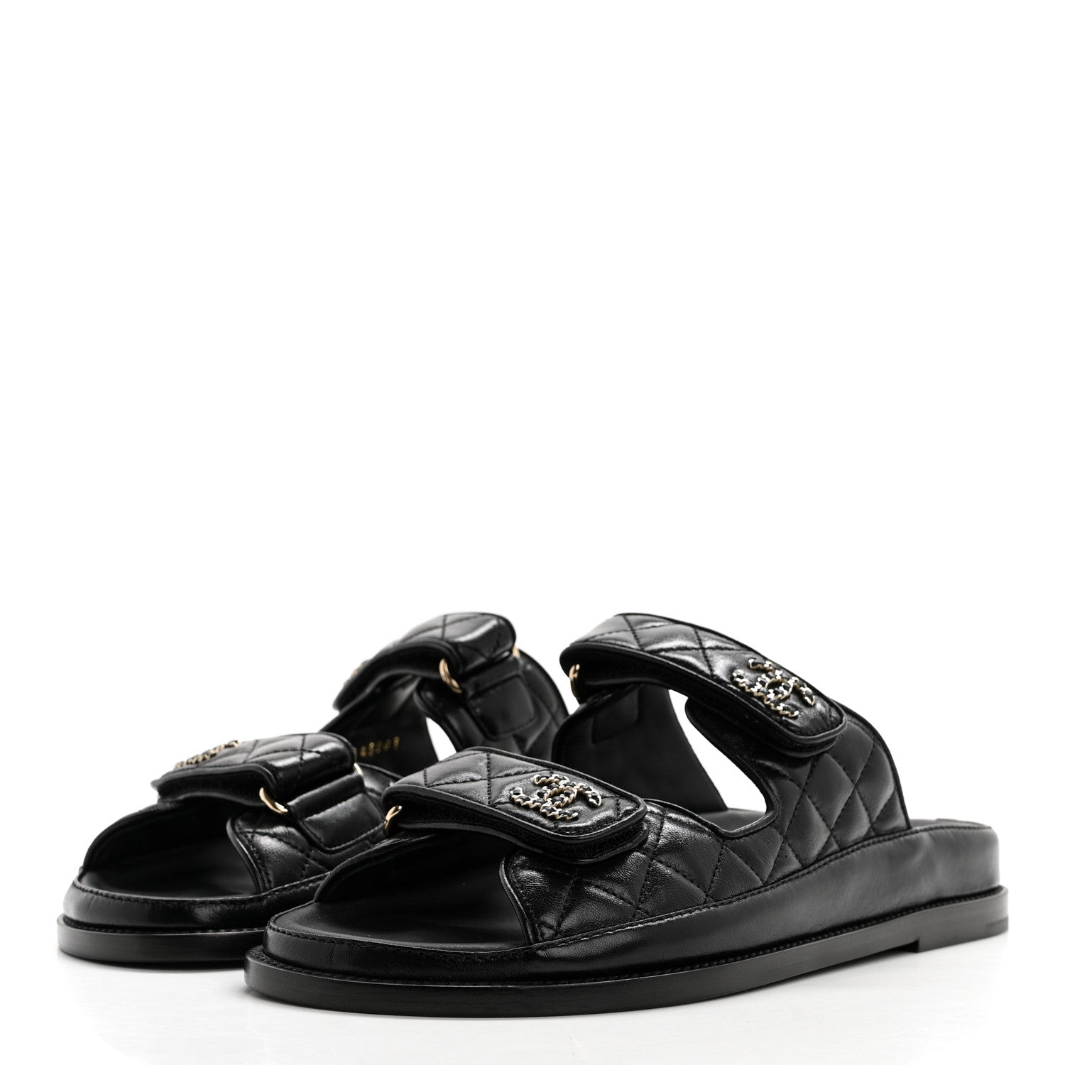 Chanel Lambskin Quilted Velcro Dad Chain CC Slide Sandals 38.5 Black 3 of 9