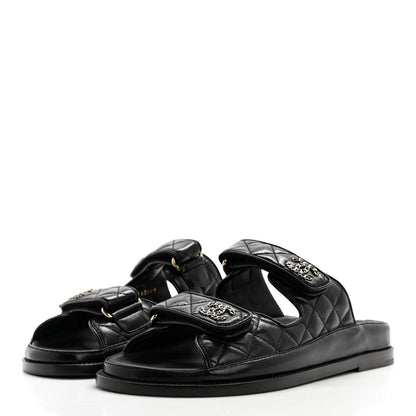 Chanel Lambskin Quilted Velcro Dad Chain CC Slide Sandals 38.5 Black 3 of 9
