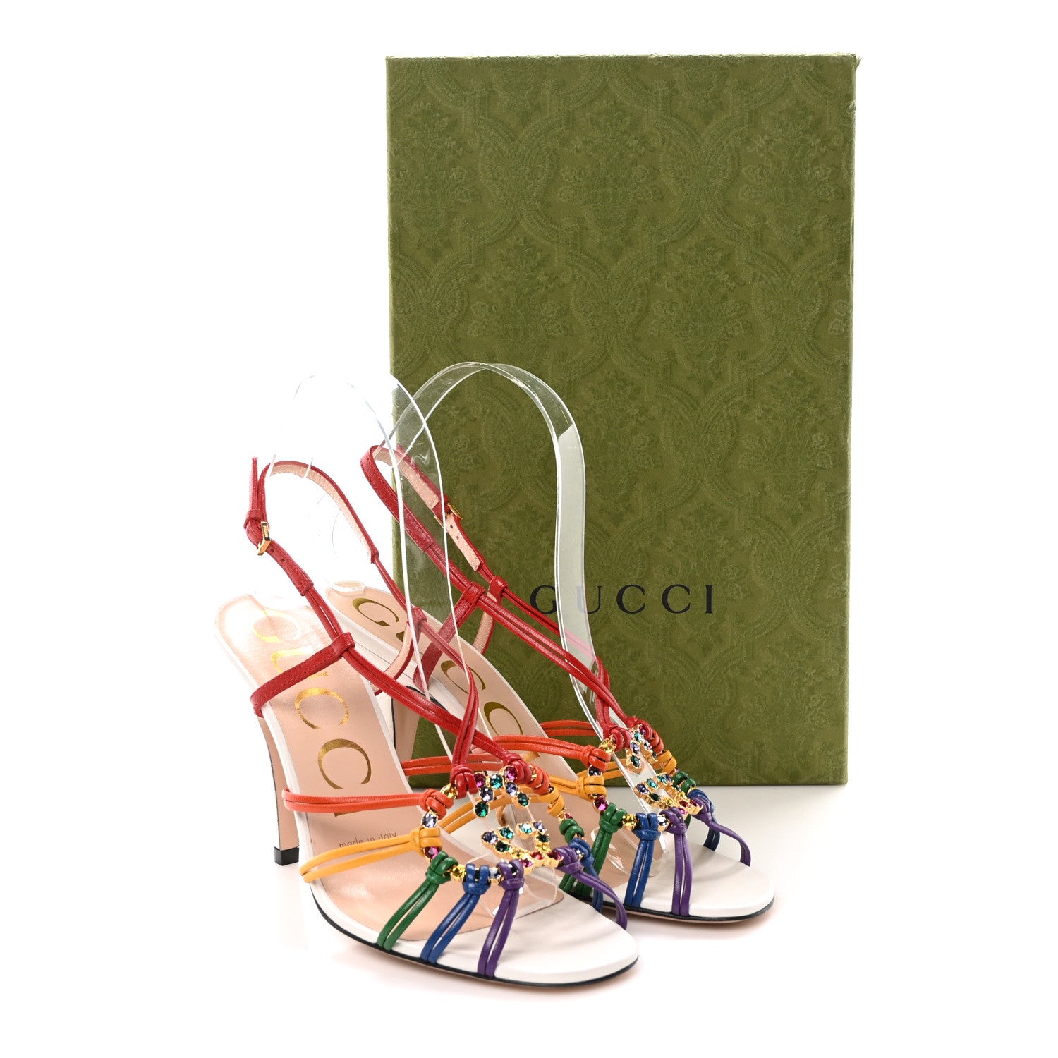 Gucci Calfskin Crystal GG Isa Ankle Strap Mid Heel Sandals 35 Multicolor 9 of 9