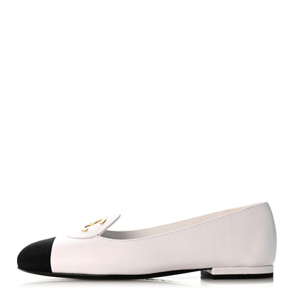 Chanel Calfskin Grosgrain Cap Toe CC Moccasin Loafers 37 White Black 1 of 10
