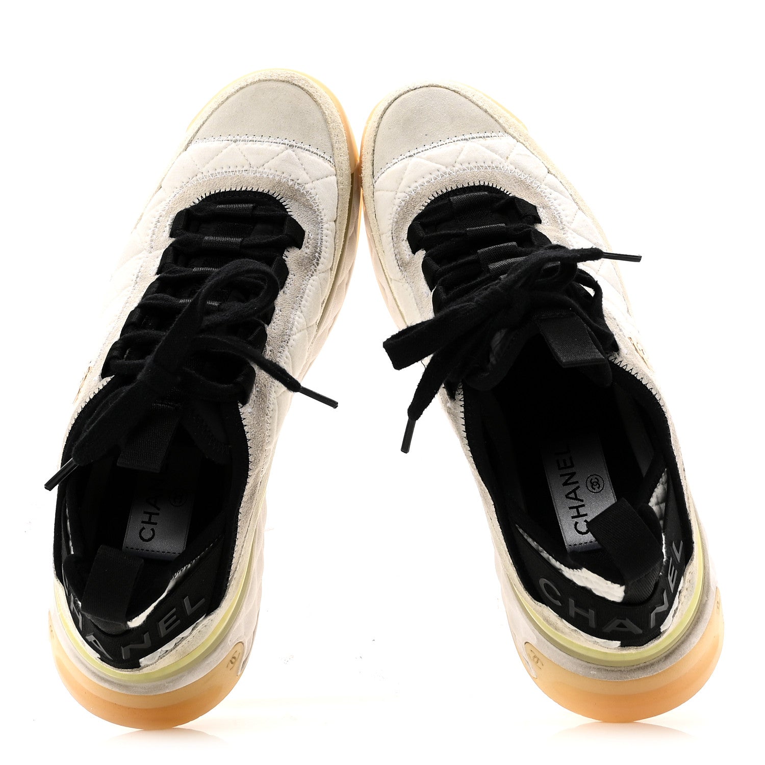 Chanel Fabric Suede Calfskin CC Sneakers 38.5 Ivory Black 2 of 11