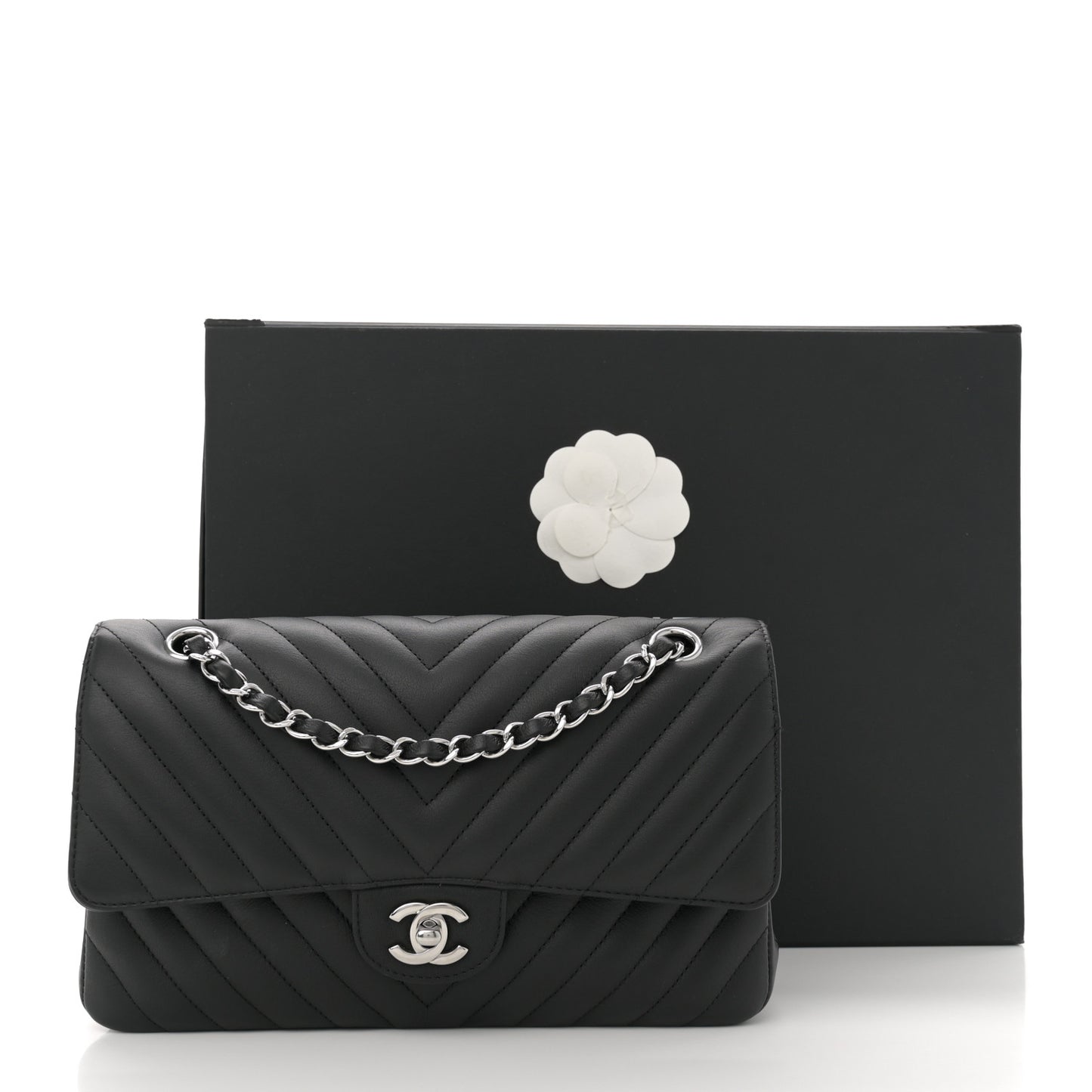 Calfskin Chevron Quilted Medium Double Flap Black