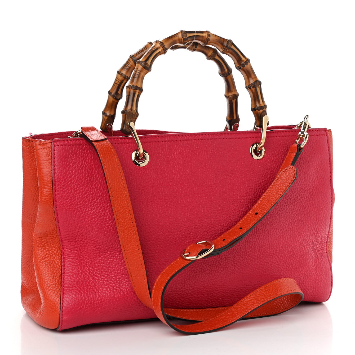 Gucci Pebbled Calfskin Bi-Color Medium Bamboo Shopper Tote Fuchsia Orange 5 of 37