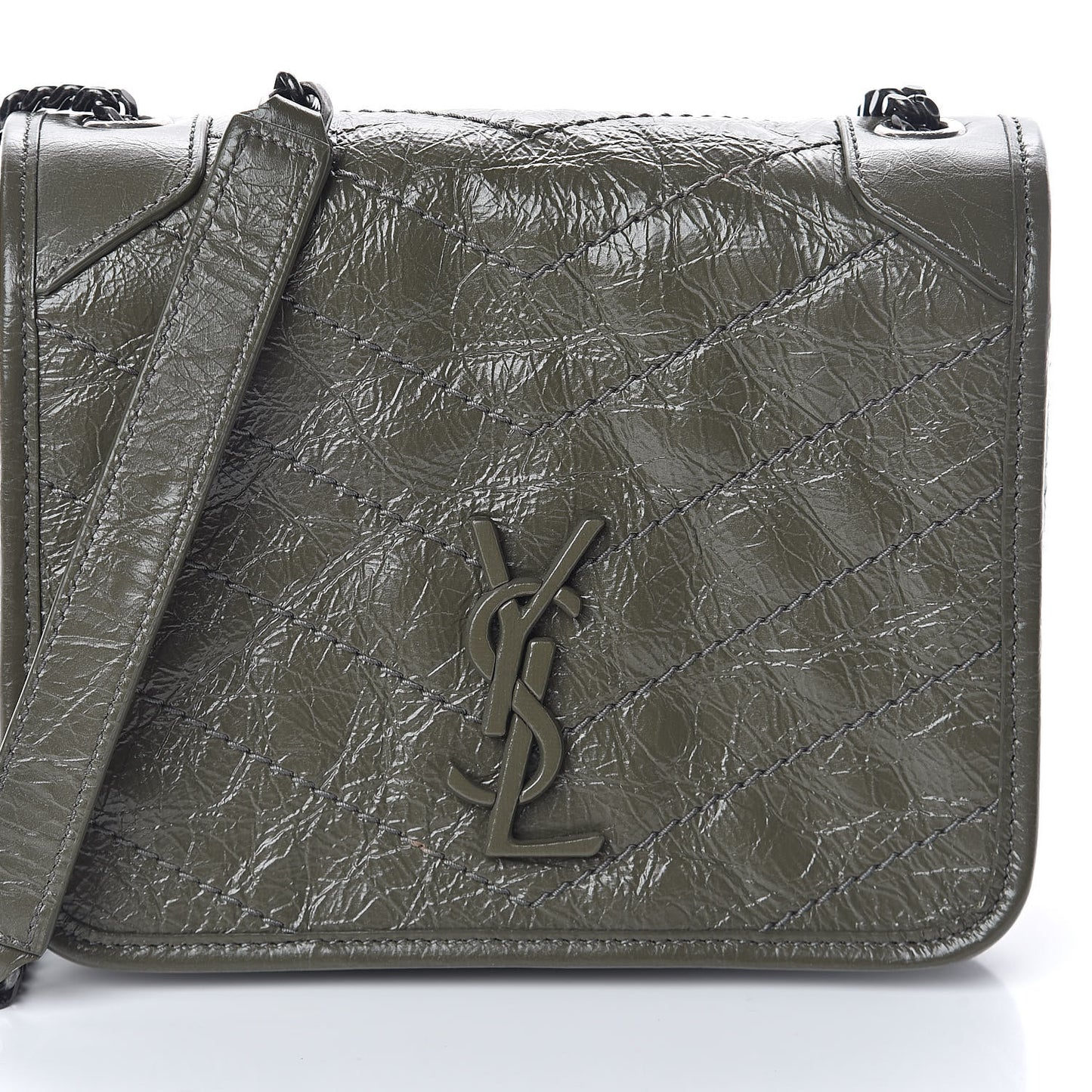 Crinkled Calfskin Matelasse Monogram Niki Chain Wallet Khaki Militaire
