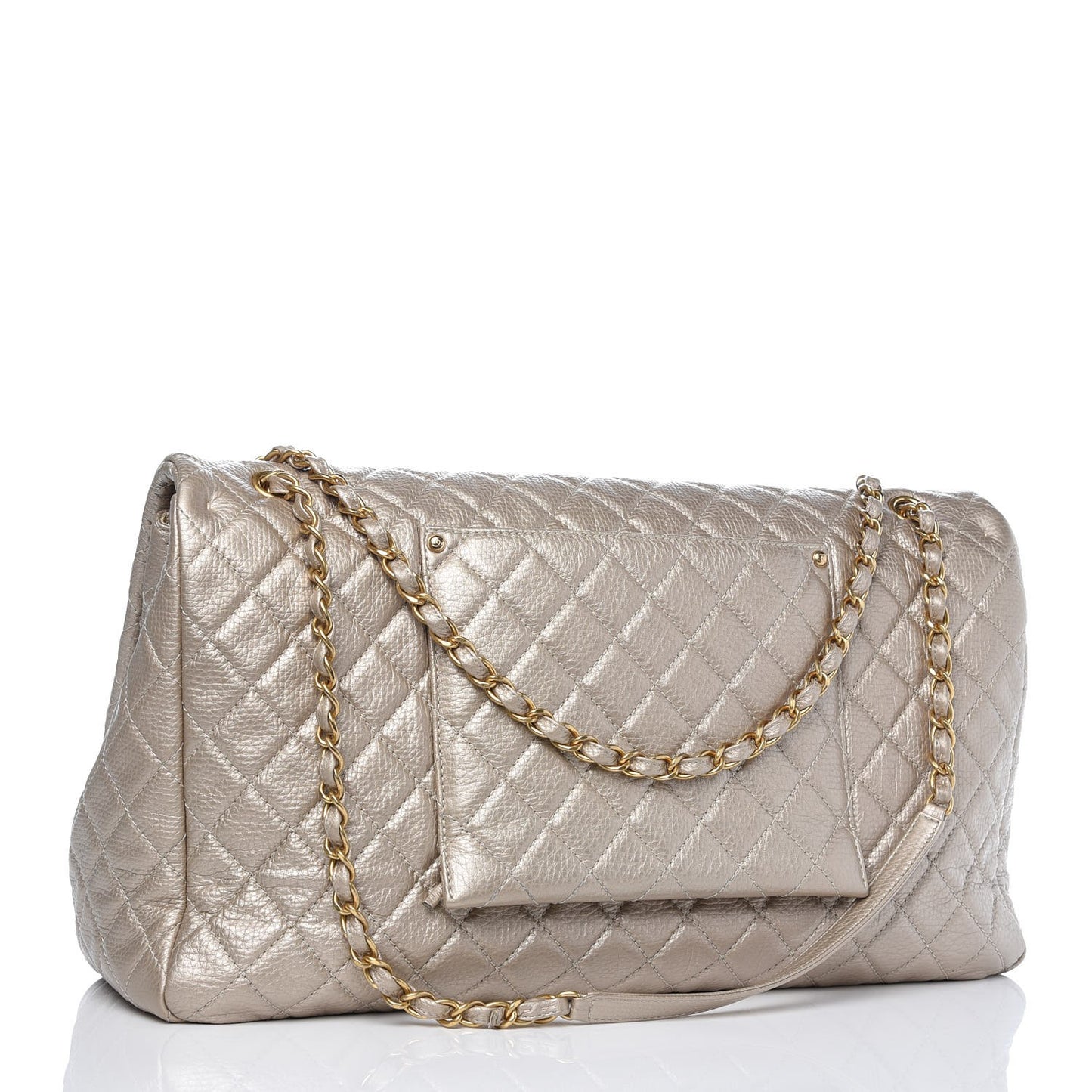 Metallic Calfskin Quilted XXL Travel Flap Bag Gold