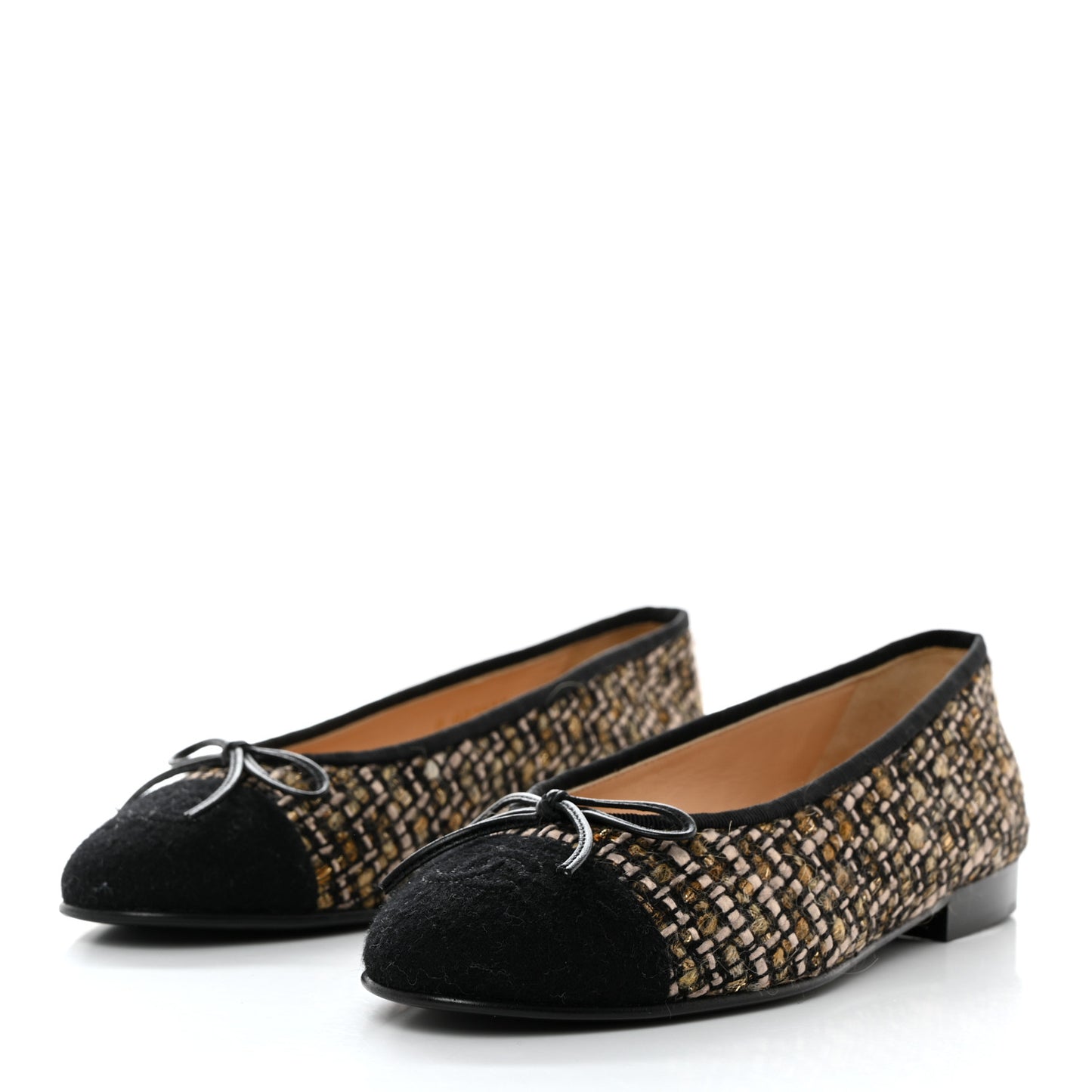 Tweed Grosgrain Cap Toe Ballerina Flats 37 Black Gold