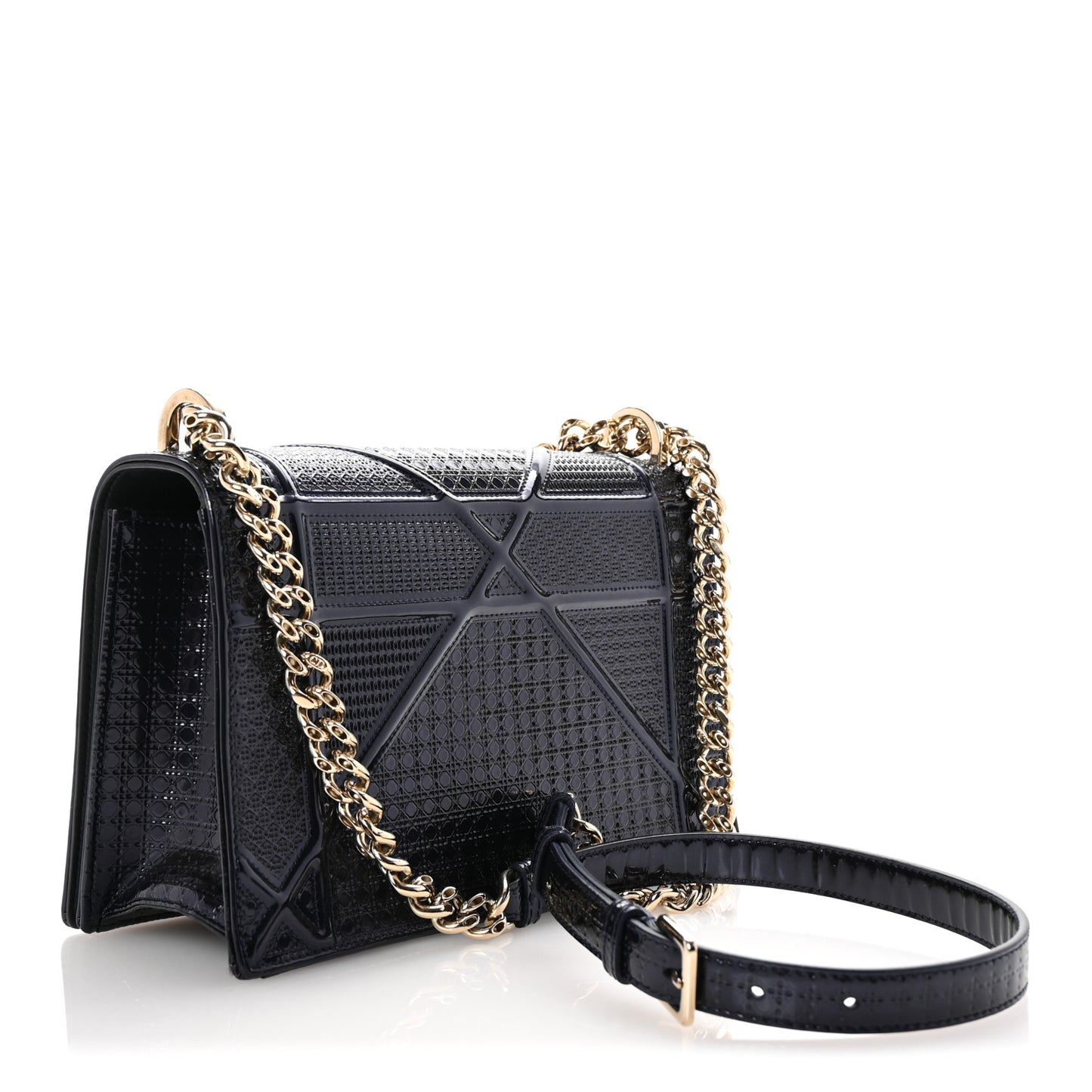 Metallic Patent Micro-Cannage Medium Diorama Flap Bag Navy Blue
