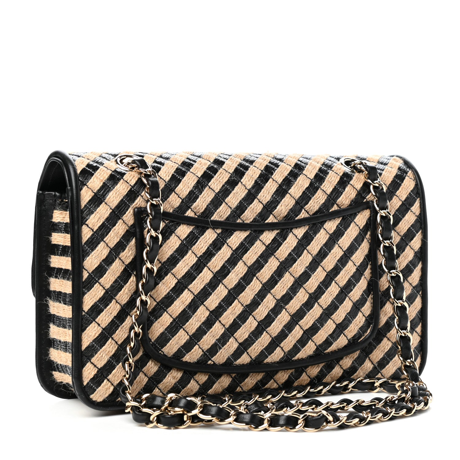Chanel Raffia Jute Striped Medium Single Flap Black Beige 3 of 11