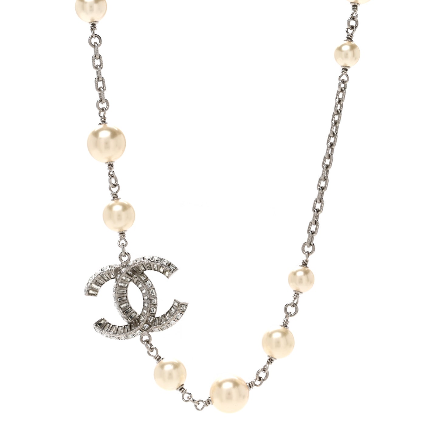 Pearl Crystal Baguette CC Short Necklace Silver