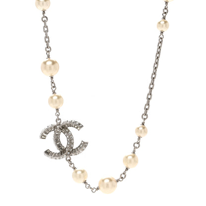 Chanel Pearl Crystal Baguette CC Short Necklace Silver 1 of 5