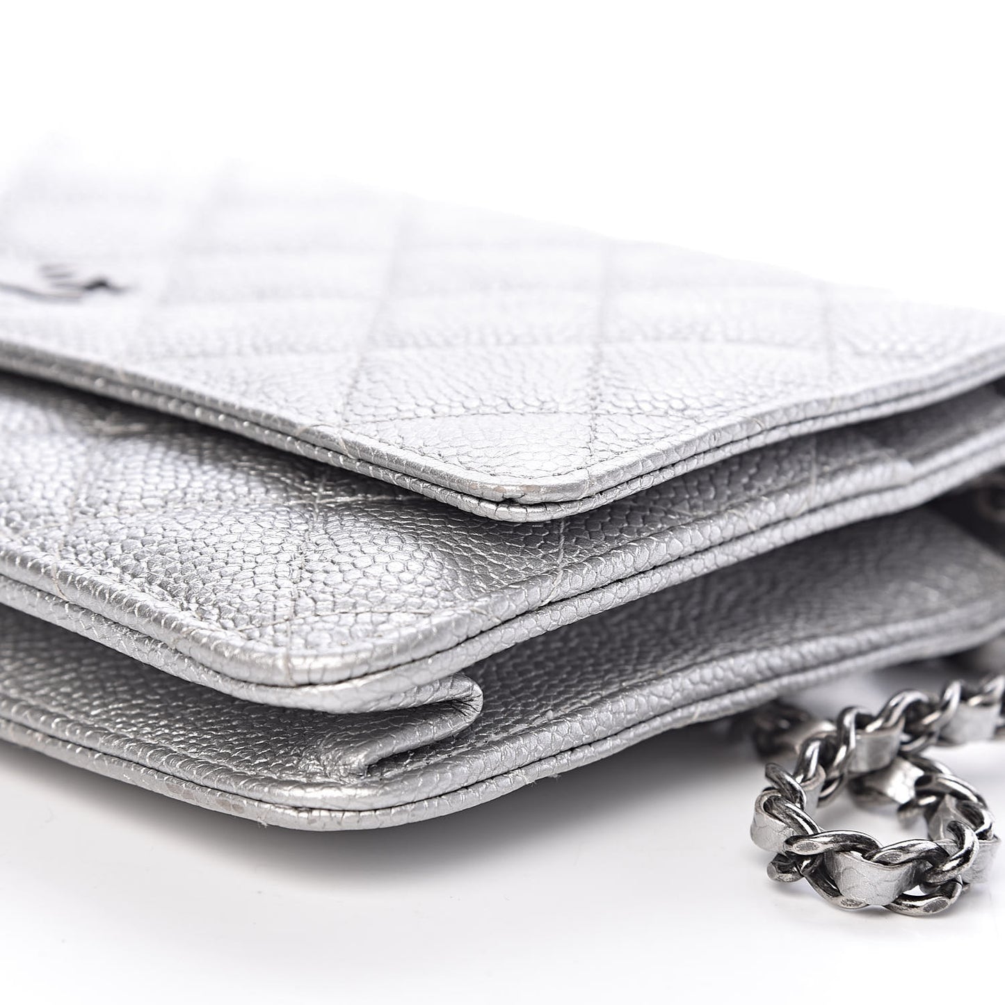 Metallic Caviar Quilted Wallet on Chain WOC Silver