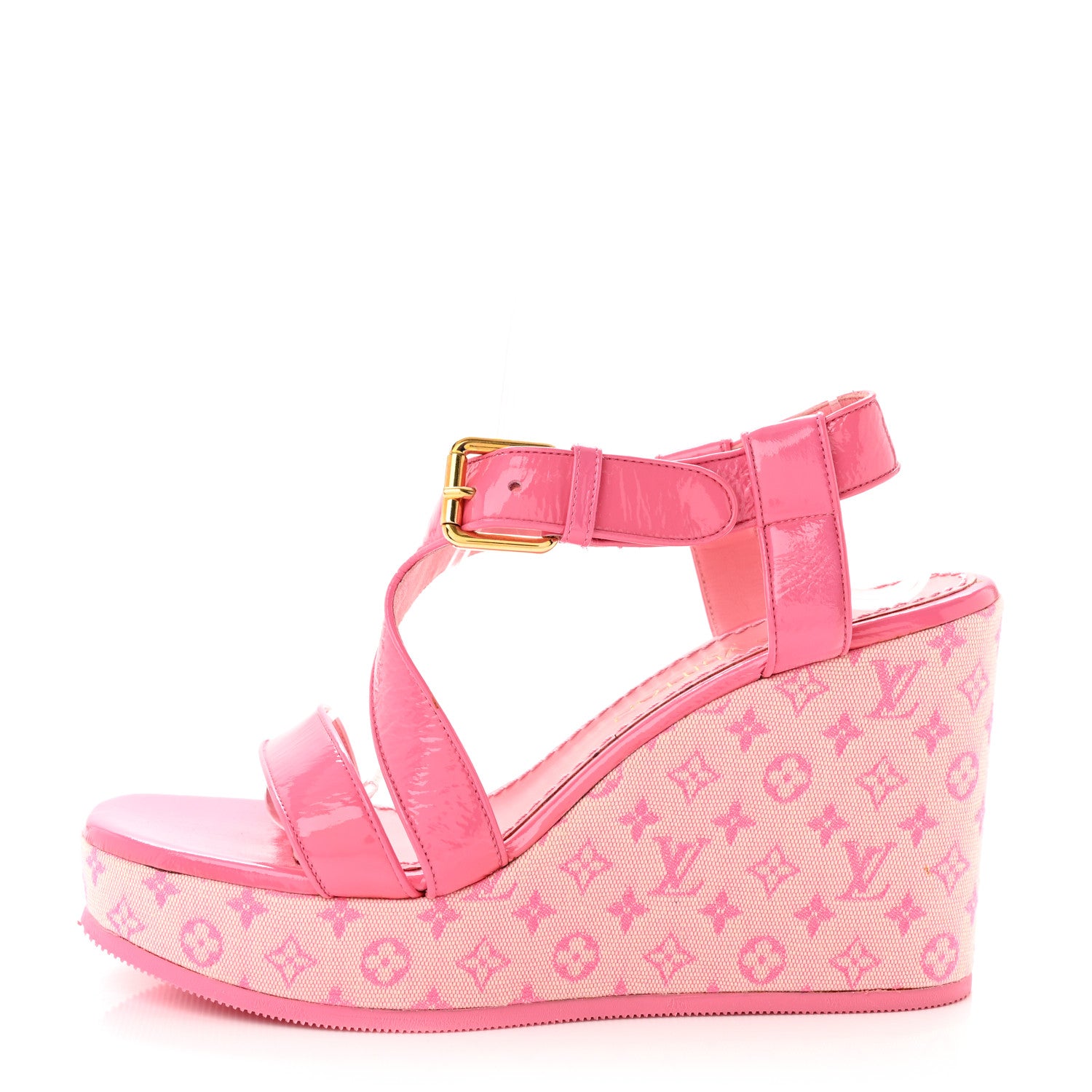 Louis Vuitton Patent Monogram Wedge Sandals 38 Pink 1 of 13