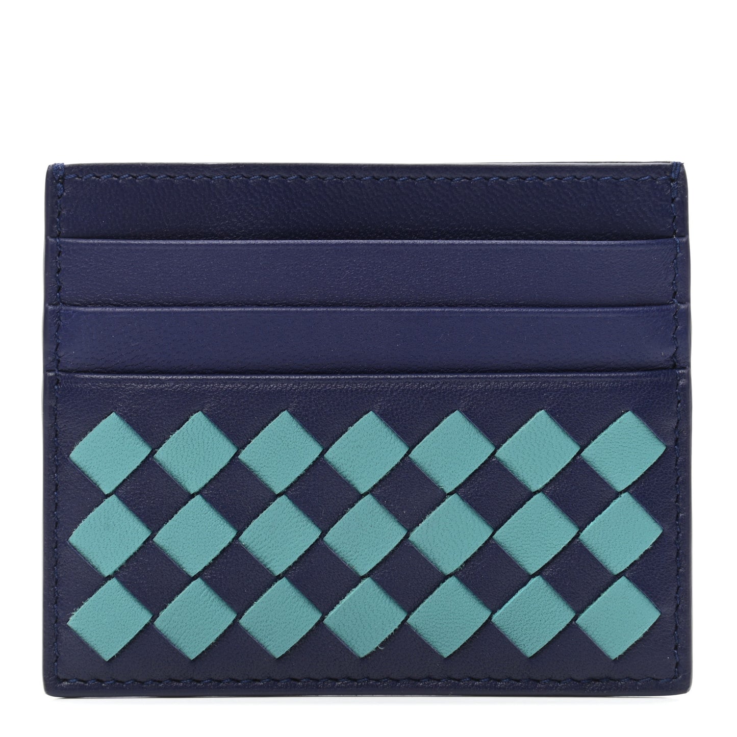 Nappa Intrecciato Woven Bi-Color Card Holder Blue Aqua