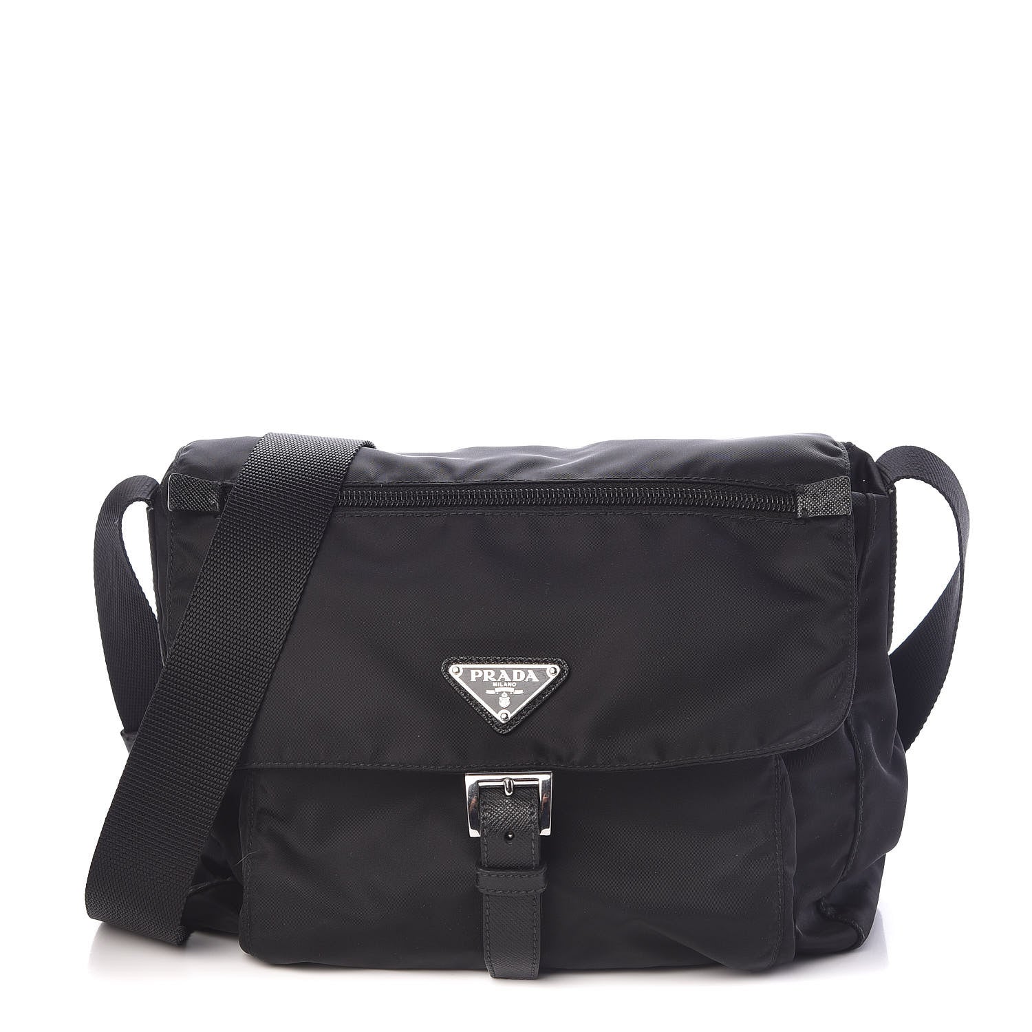 Prada Nylon Vela Saffiano Single Buckle Messenger Shoulder Bag Black 1 of 8