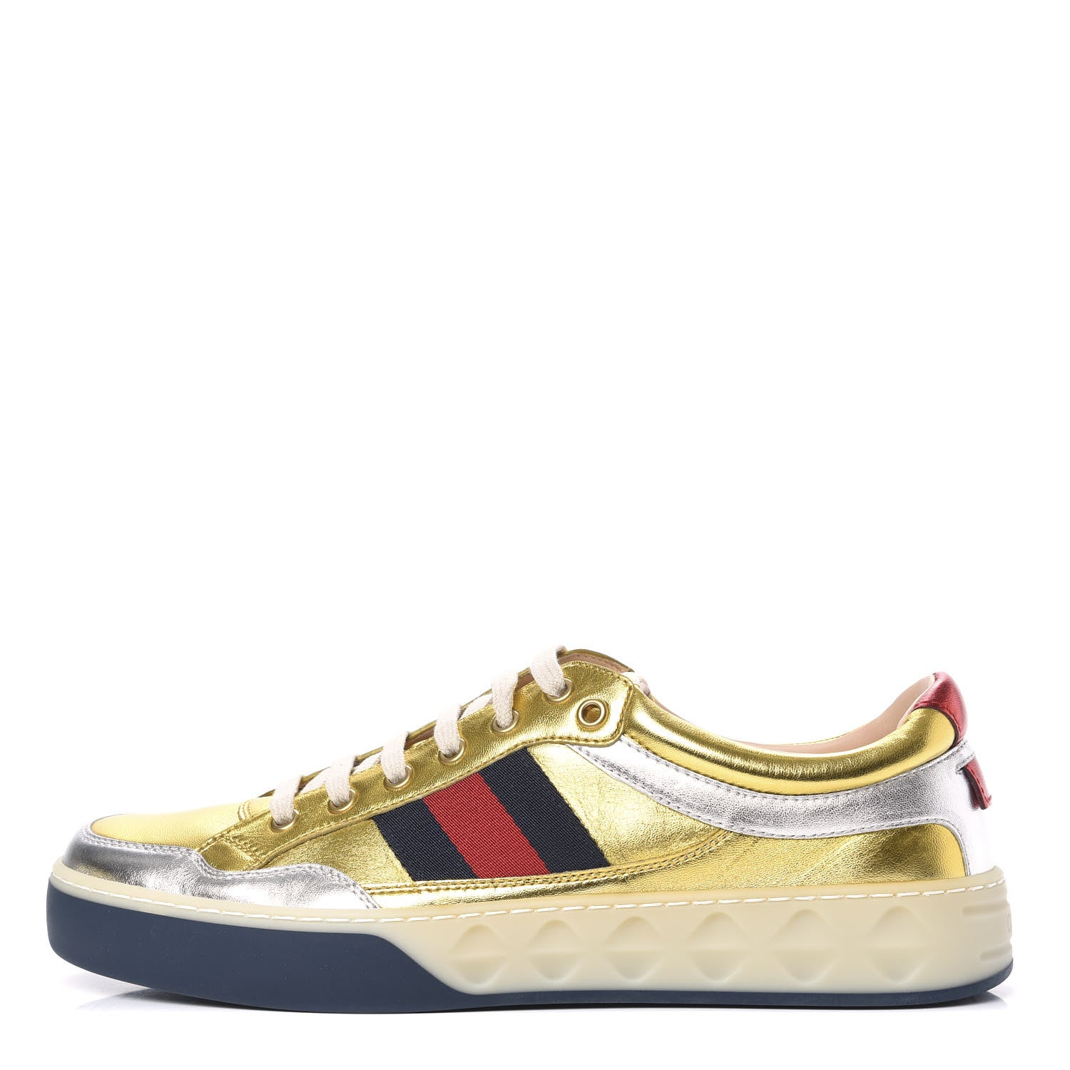 Gucci Metallic Nappa Web Mens Low Top Sneakers 8 Argento Oro Vecchio 1 of 10