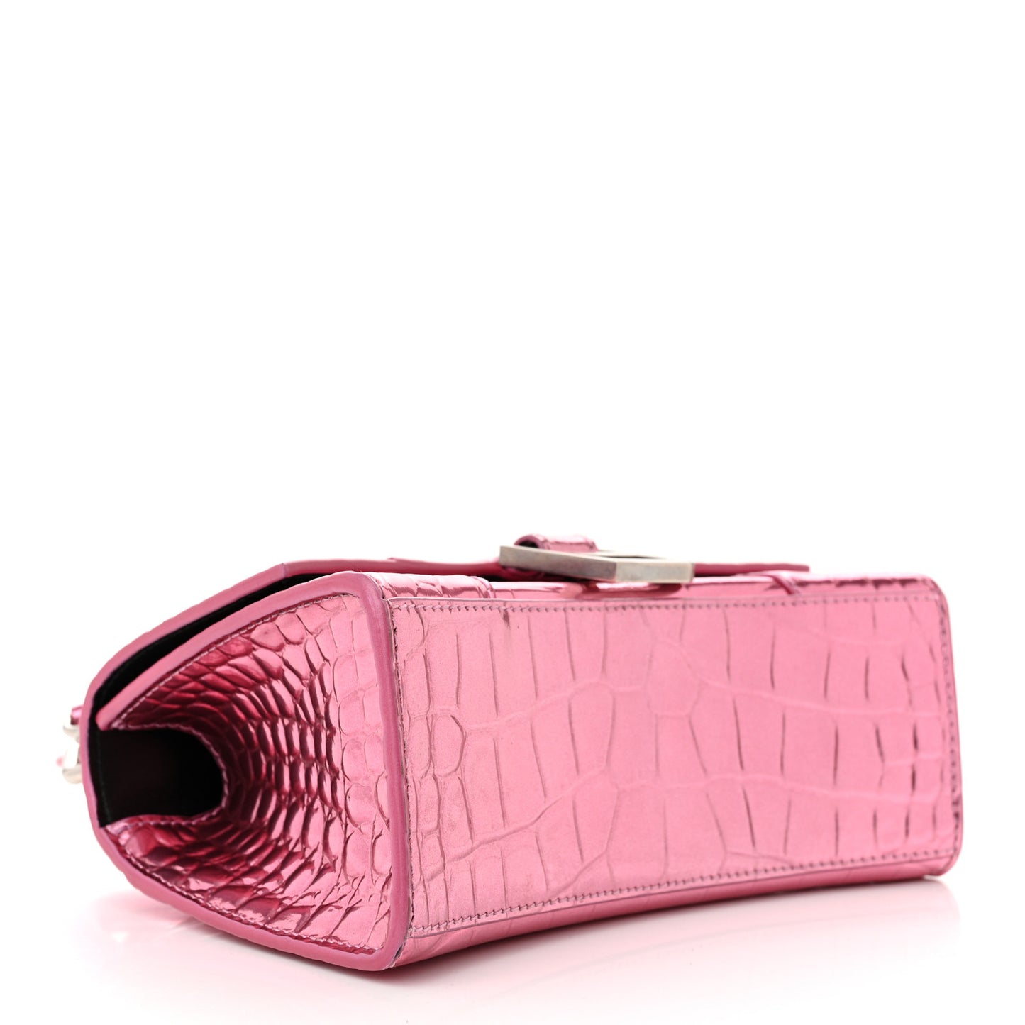 Metallic Shiny Calfskin Crocodile Embossed Hourglass Top Handle Bag XS Pink