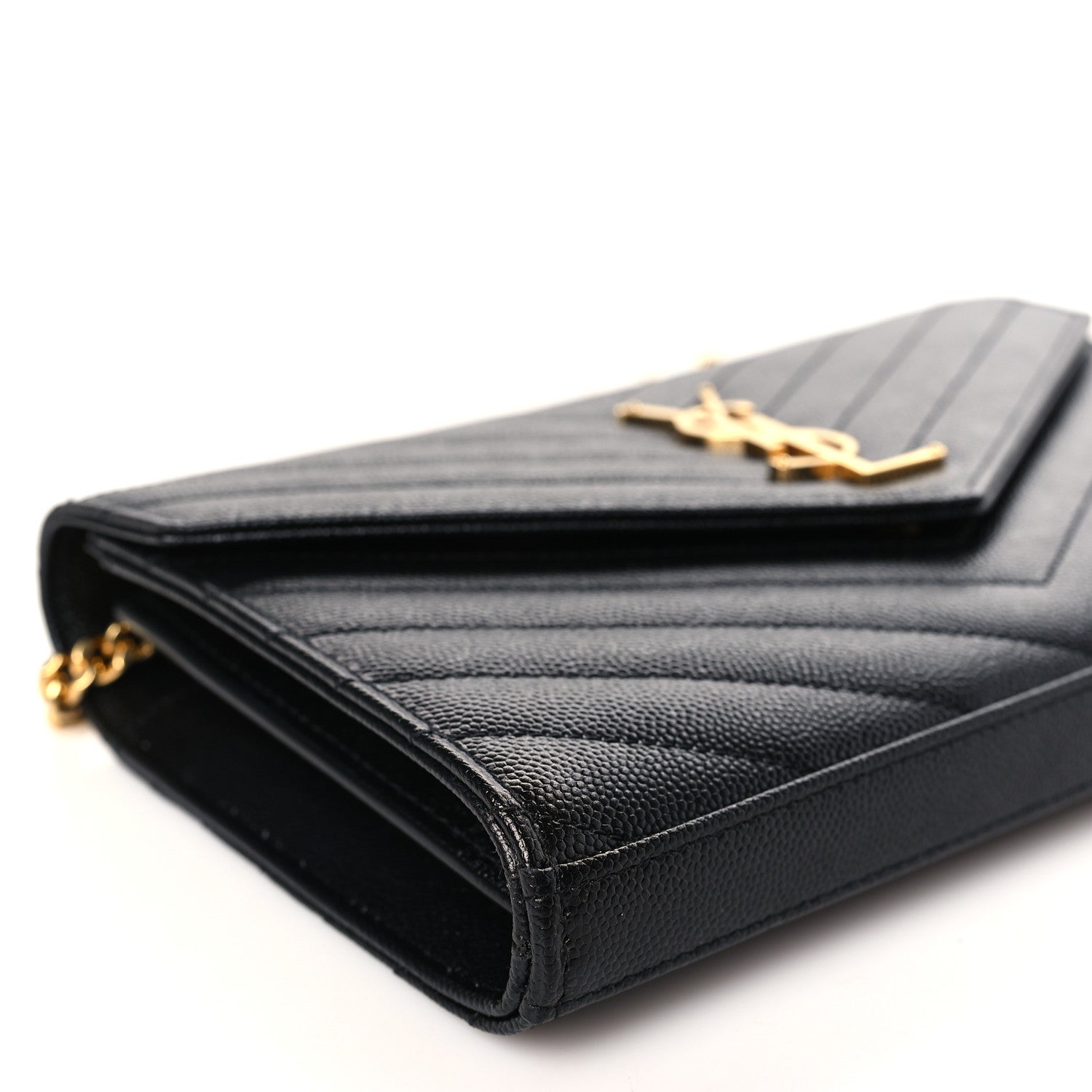 Saint Laurent Grain De Poudre Matelasse Chevron Monogram Chain Wallet Black 8 of 9