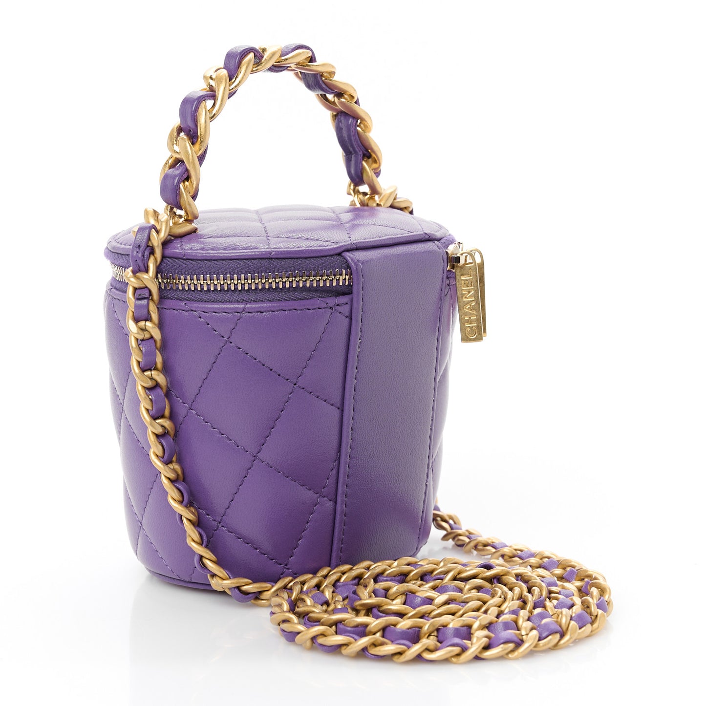 Lambskin Quilted Afternoon Tea Top Handle Vanity Case With Chain  Dark Purple