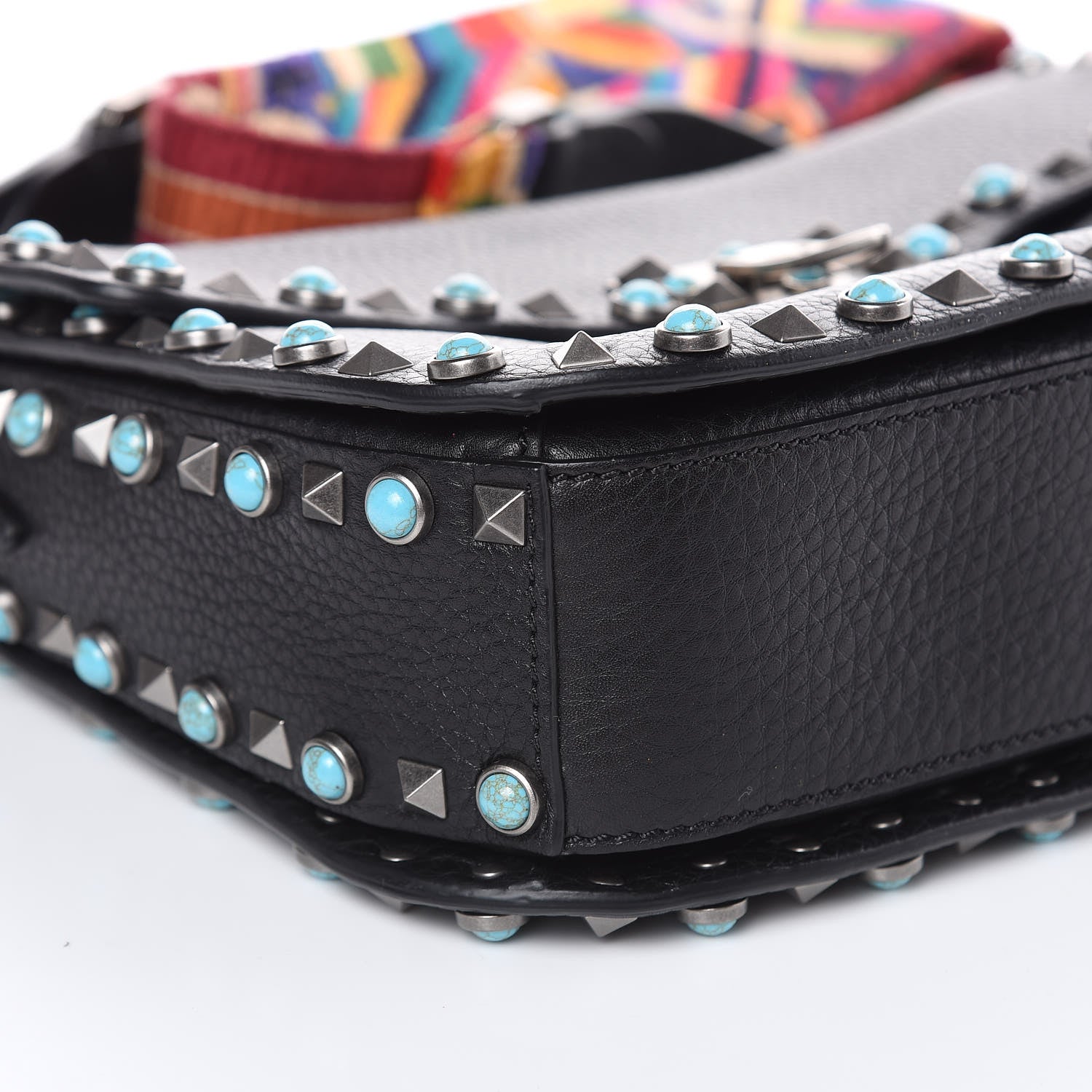 Valentino Garavani Pebbled Calfskin Turquoise Medium Guitar Strap Rockstud Rolling Flap Saddle Bag Black 8 of 11
